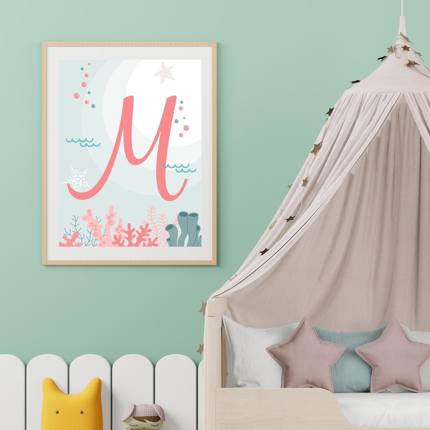 Baleine tortue  et lettre de prénom ocean - chambre enfant bébé - 3 affiches personnalisées Decoration - idee cadeau anniversaire naissance - Imagine.affiche