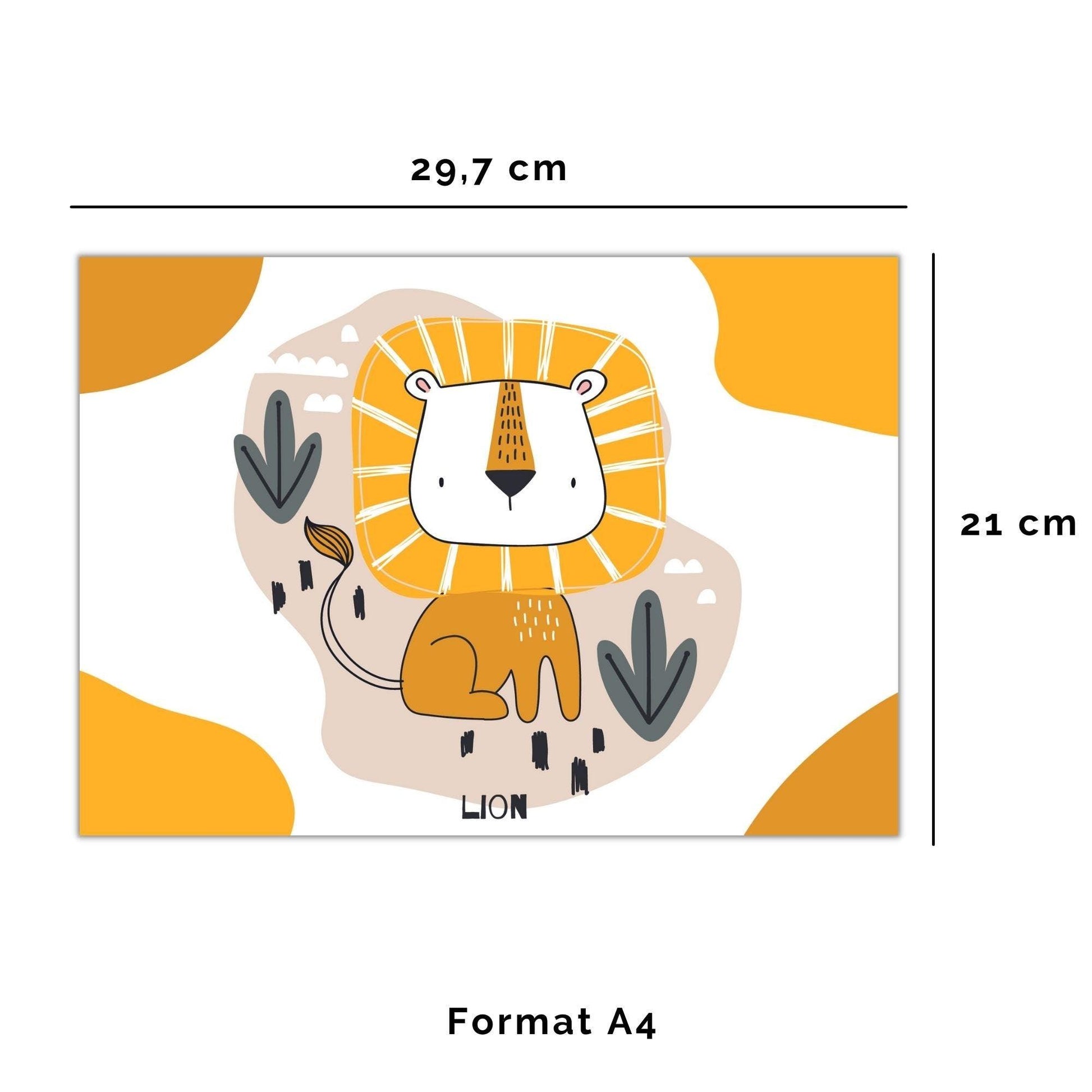 Affiche Lion Zèbre Girafe jaune - Poster bebe enfant - Déco chambre jungle safari - affiche animaux - illustration enfant - naissance A4 A3 - Imagine.affiche