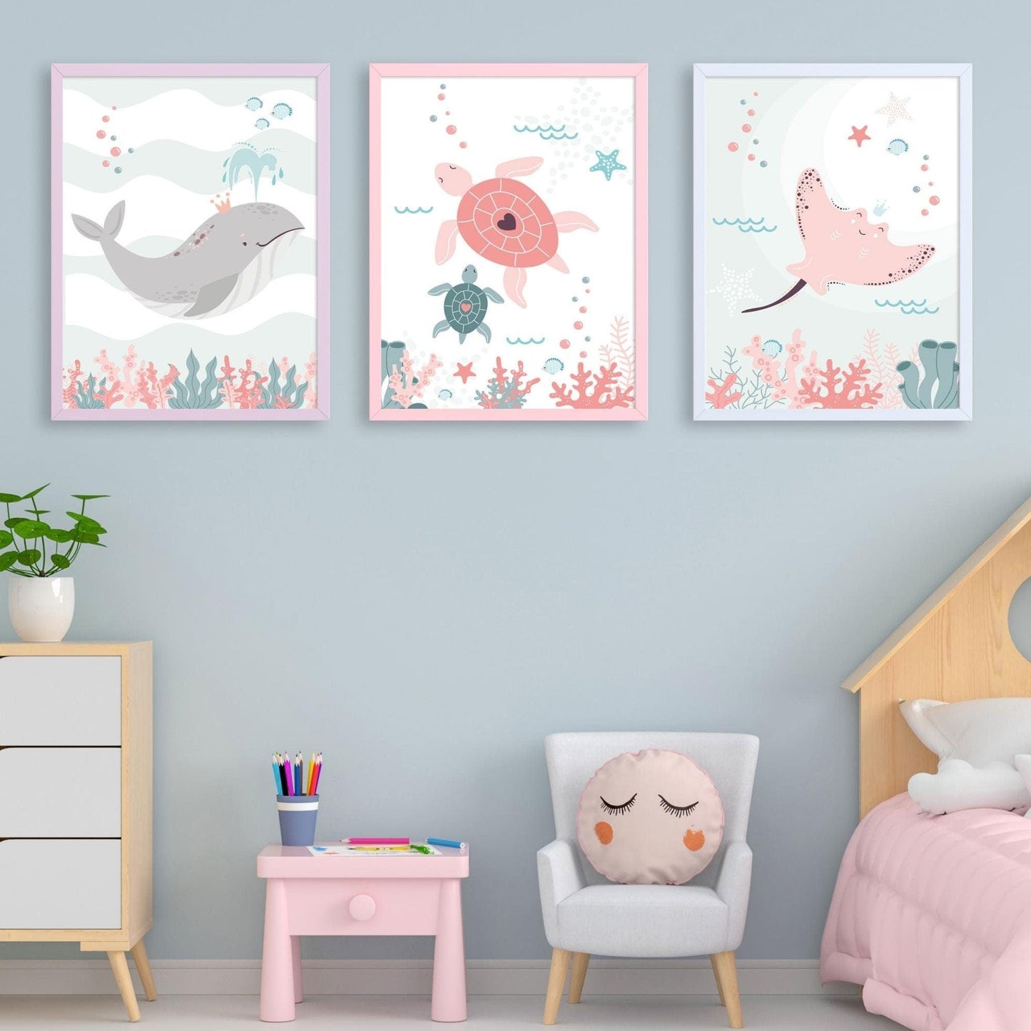 Baleine raie tortue ocean coquillage - chambre enfant bébé - 3 affiches Decoration - idee cadeau anniversaire naissance - mer - bb ocean - Imagine.affiche