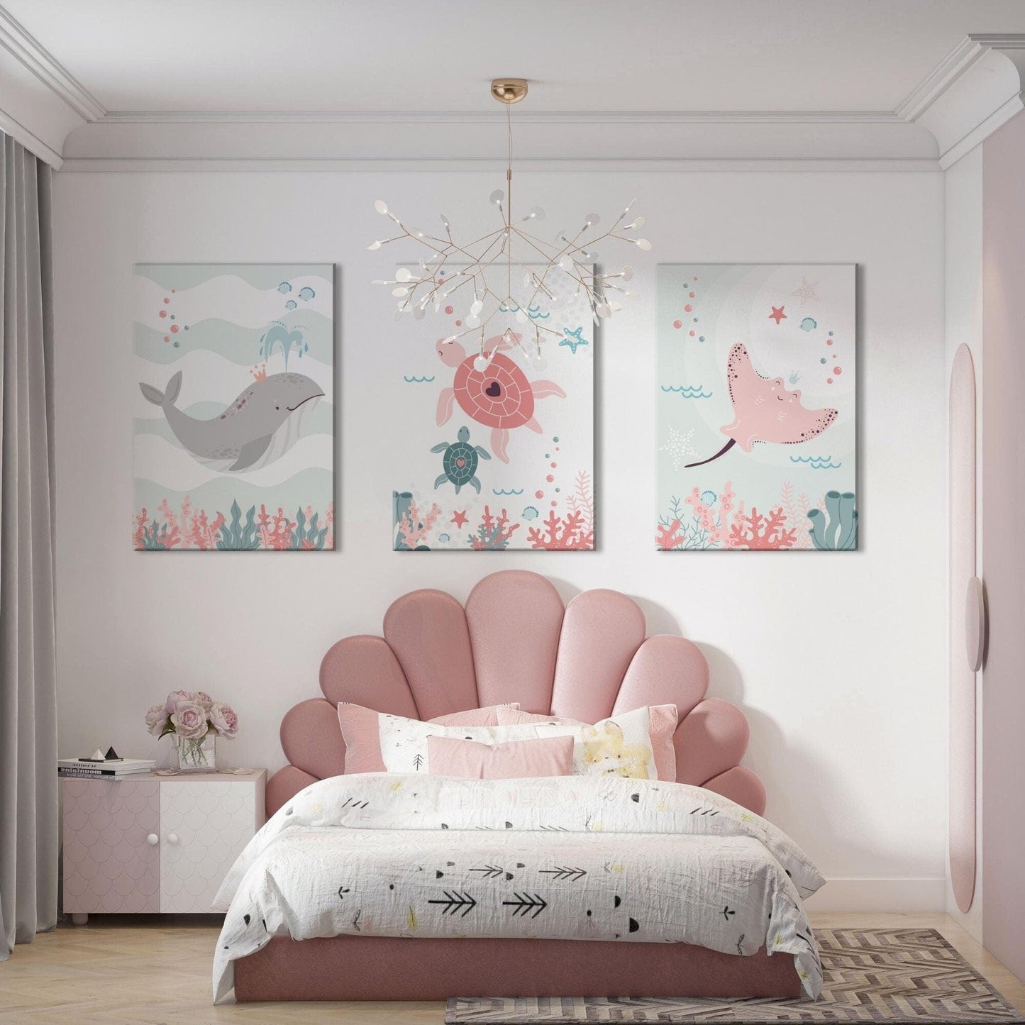Baleine raie tortue ocean coquillage - chambre enfant bébé - 3 affiches Decoration - idee cadeau anniversaire naissance - mer - bb ocean - Imagine.affiche