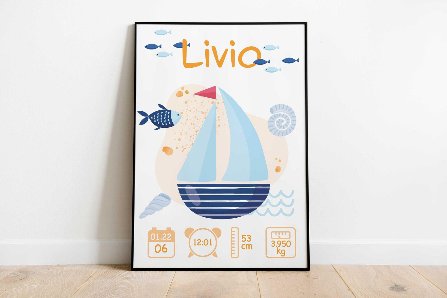 Affiche de naissance personnalisée "Marin"/Affiche bébé souvenir/Prénom, poids, taille et heure - Imagine.affiche