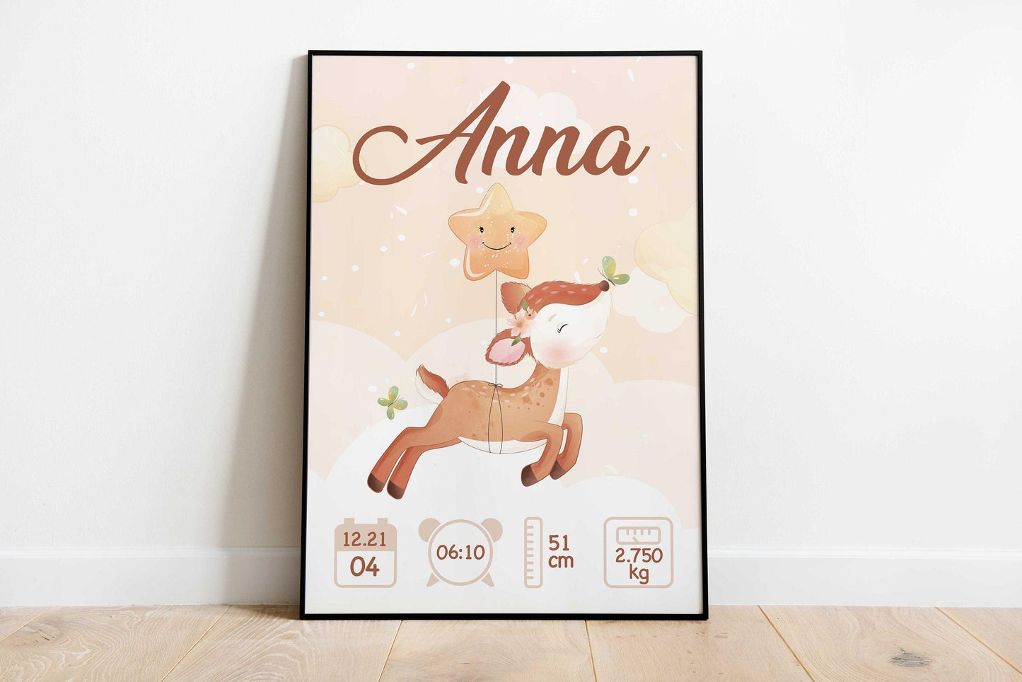 Affiche de naissance personnalisée "Biche"/Affiche bébé souvenir /Prénom, poids, taille et heure - Imagine.affiche