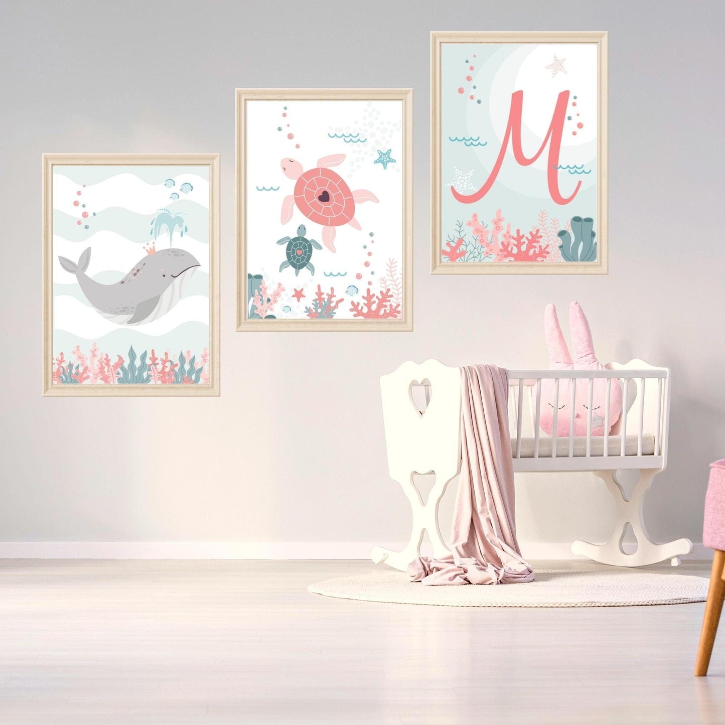 Baleine tortue  et lettre de prénom ocean - chambre enfant bébé - 3 affiches personnalisées Decoration - idee cadeau anniversaire naissance - Imagine.affiche