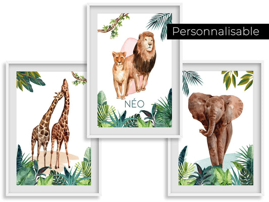 3 affiches personnalisées Jungle decoration avec Lion Eléphant Girafe pour Chambre salon adulte enfant sur le thème safari animaux - Imagine.affiche