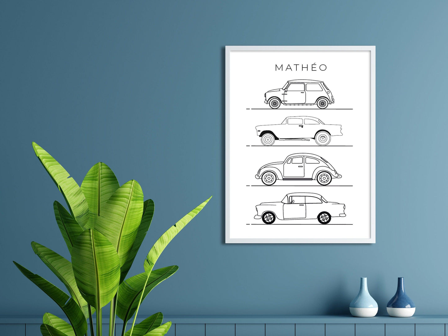 Affiche prénom voitures véhicules line art - déco chambre enfant salon - mini cooper mode - style moderne - poster homme garçon - impression - Imagine.affiche