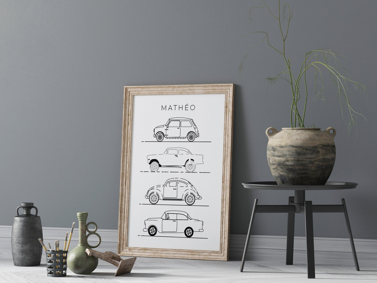 Affiche prénom voitures véhicules line art - déco chambre enfant salon - mini cooper mode - style moderne - poster homme garçon - impression - Imagine.affiche