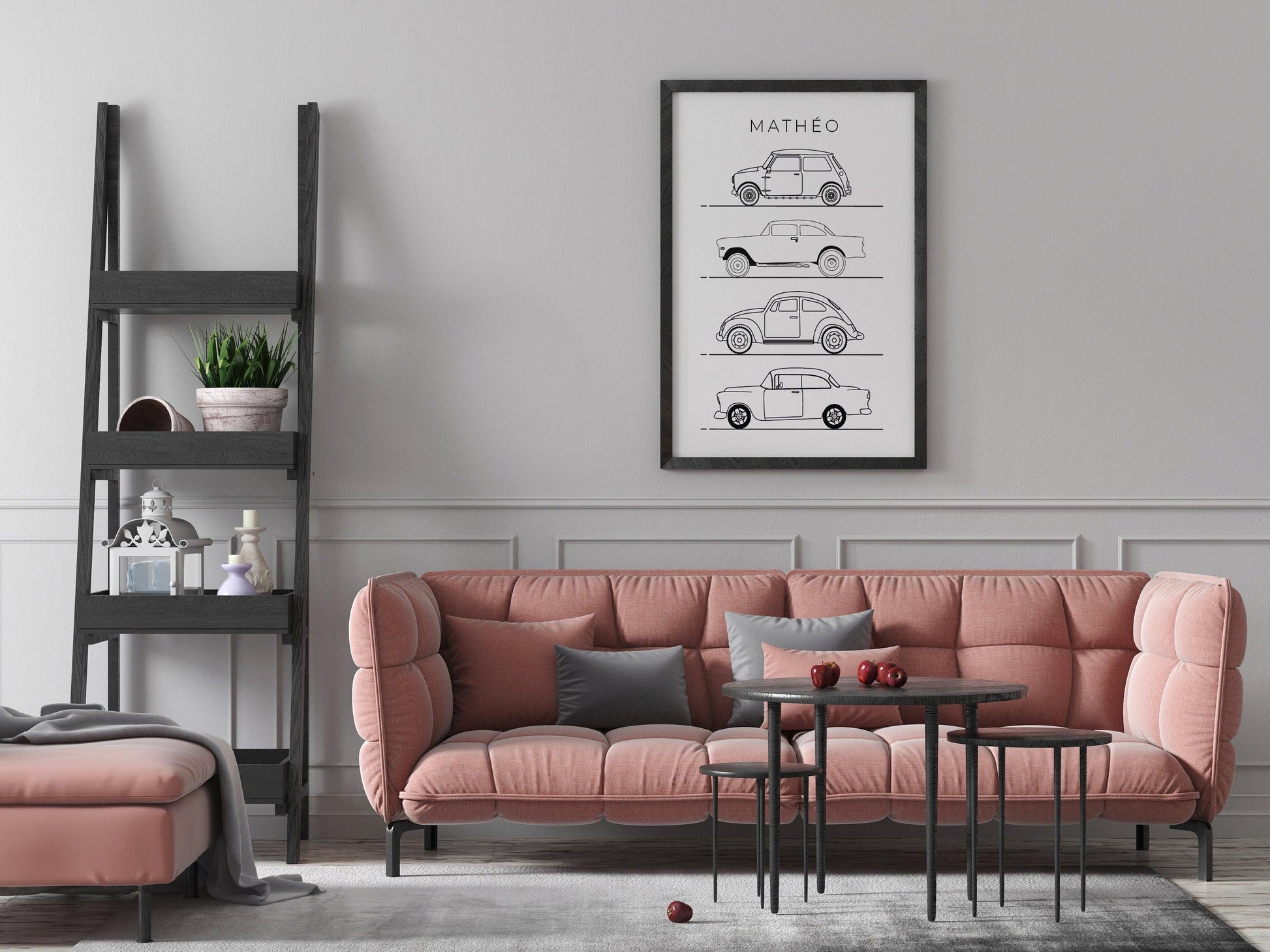 Affiche prénom voitures véhicules line art - déco chambre enfant salon - mini cooper mode - style moderne - poster homme garçon - impression - Imagine.affiche