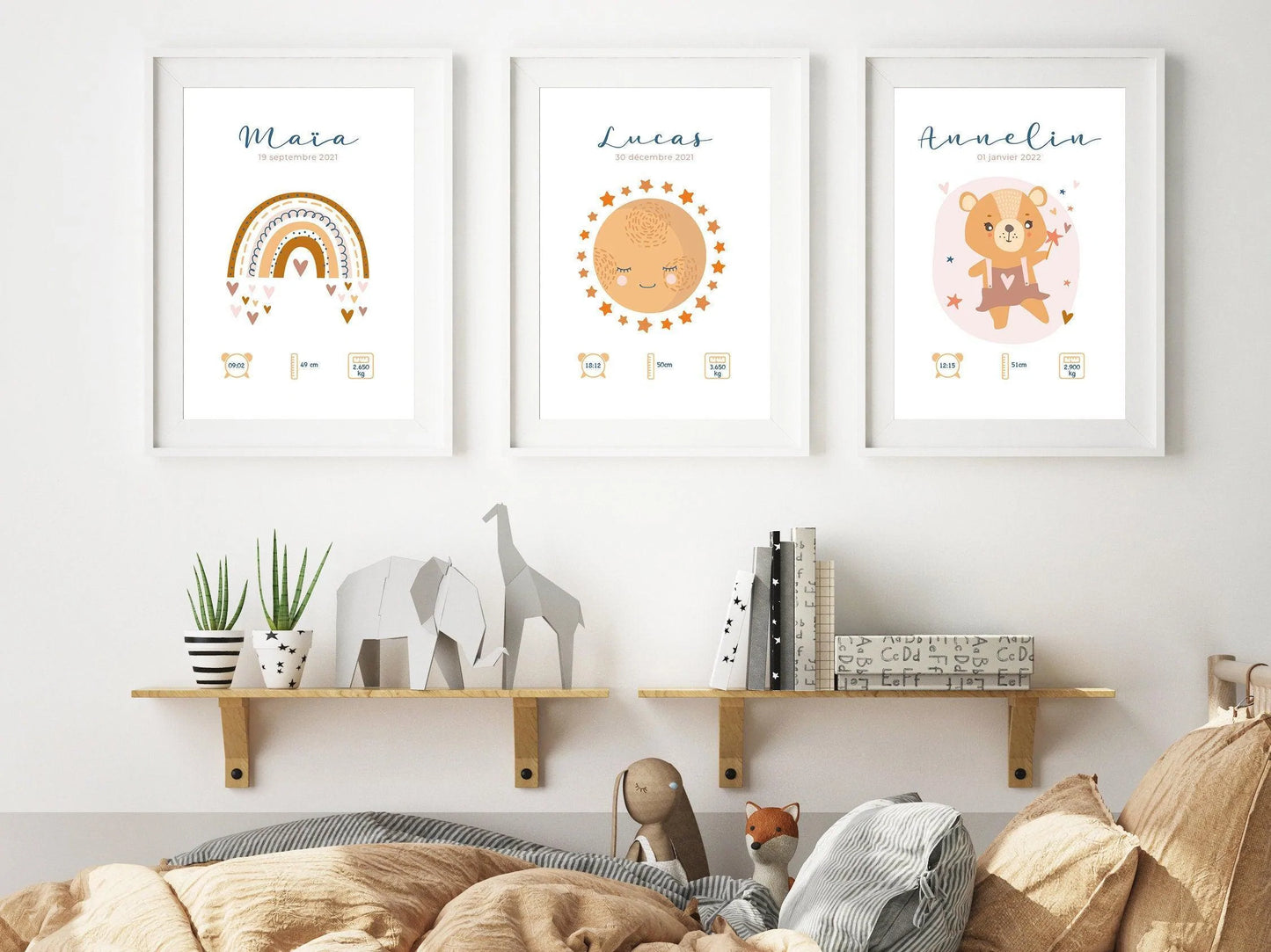 Affiche de naissance personnalisée "Arc en ciel" idée cadeau souvenir avec Prénom poids taille et heure en Décoration chambre enfants bébé - Imagine.affiche