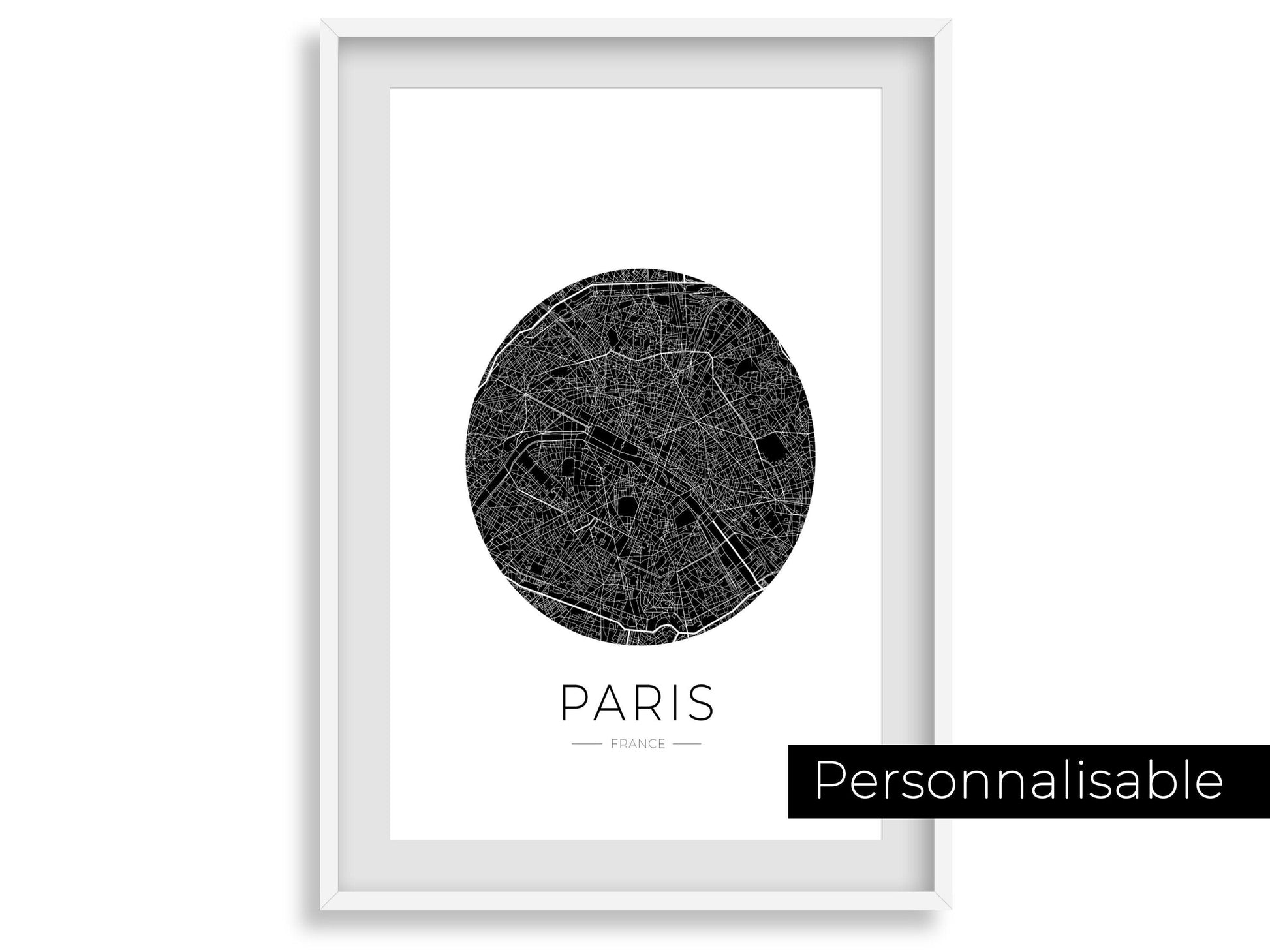 Affiche Paris City Map - ville de France poster - carte art - noir et blanc design - décoration salon - personnalisable - parisien - voyage - Imagine.affiche