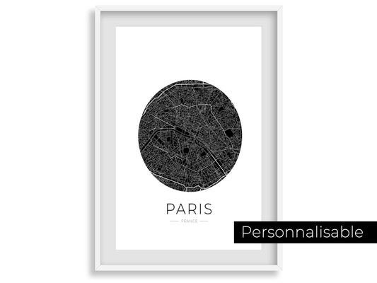 Affiche Paris City Map - ville de France poster - carte art - noir et blanc design - décoration salon - personnalisable - parisien - voyage - Imagine.affiche