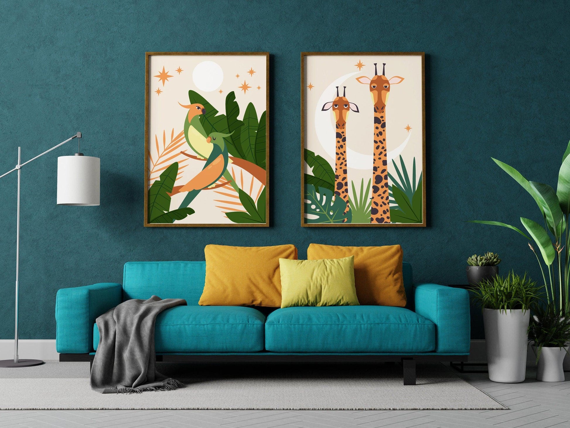 Affiche Léopard Éléphant Oiseau - A4 A3 - Décoration jungle savane - Posters design illustration safari - Deco salon chambre Affiche enfant - Imagine.affiche