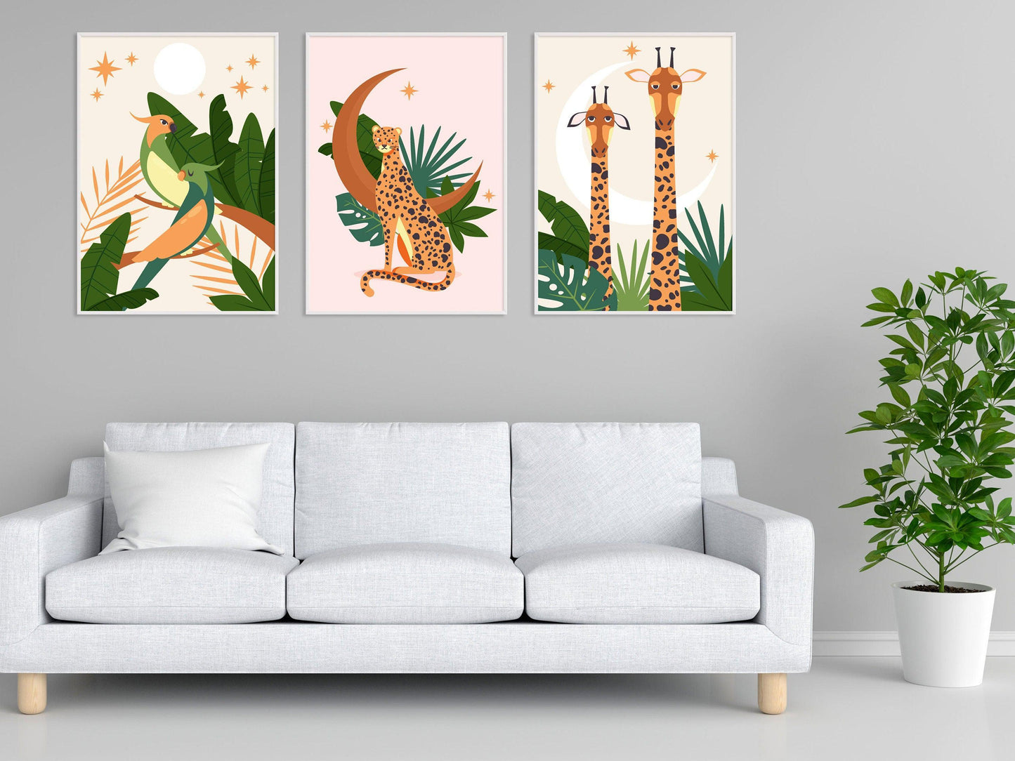Affiche Léopard Éléphant Oiseau - A4 A3 - Décoration jungle savane - Posters design illustration safari - Deco salon chambre Affiche enfant - Imagine.affiche