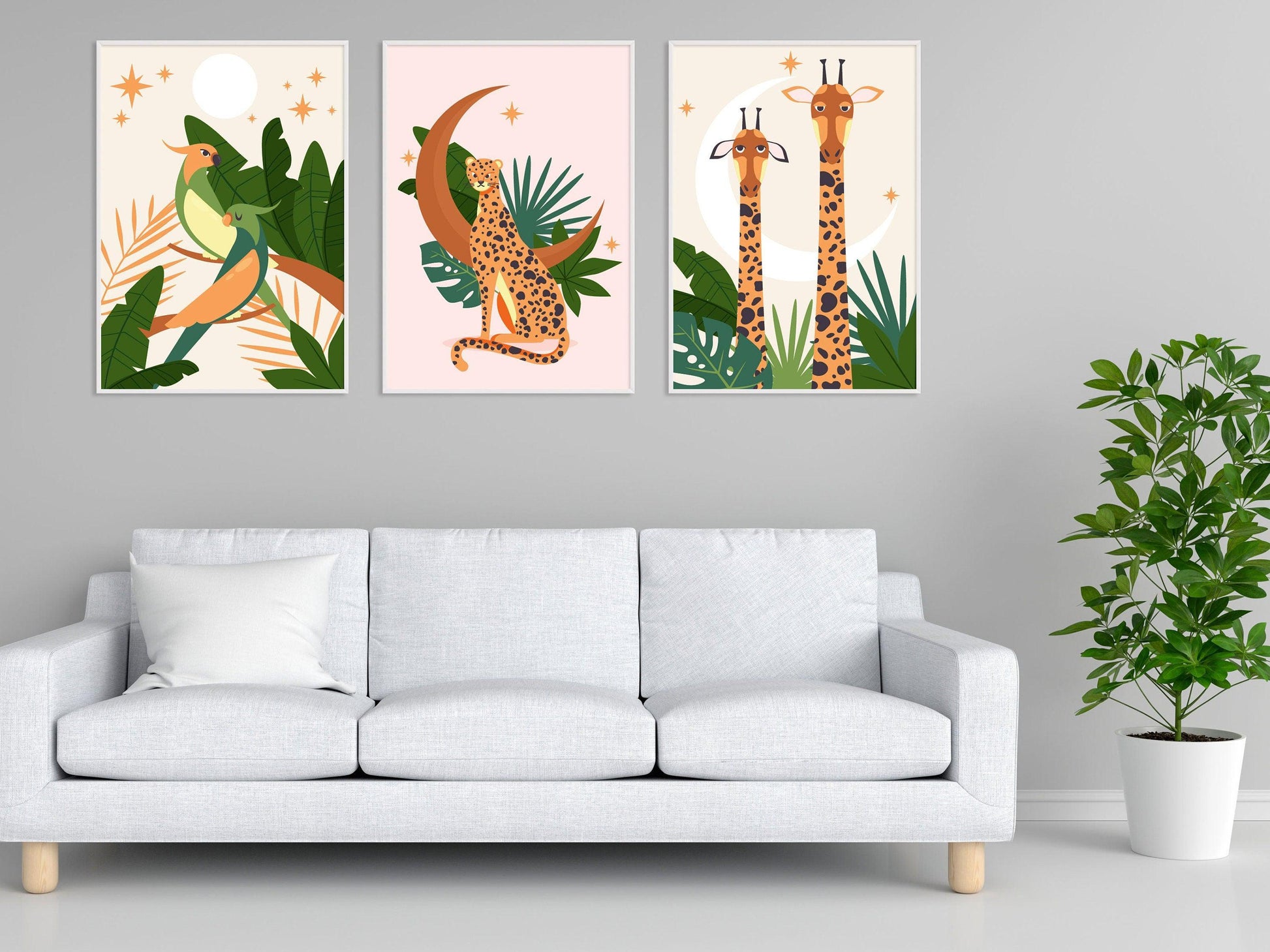 Affiche Léopard Éléphant Oiseau - A4 A3 - Décoration jungle savane - Posters design illustration safari - Deco salon chambre Affiche enfant - Imagine.affiche