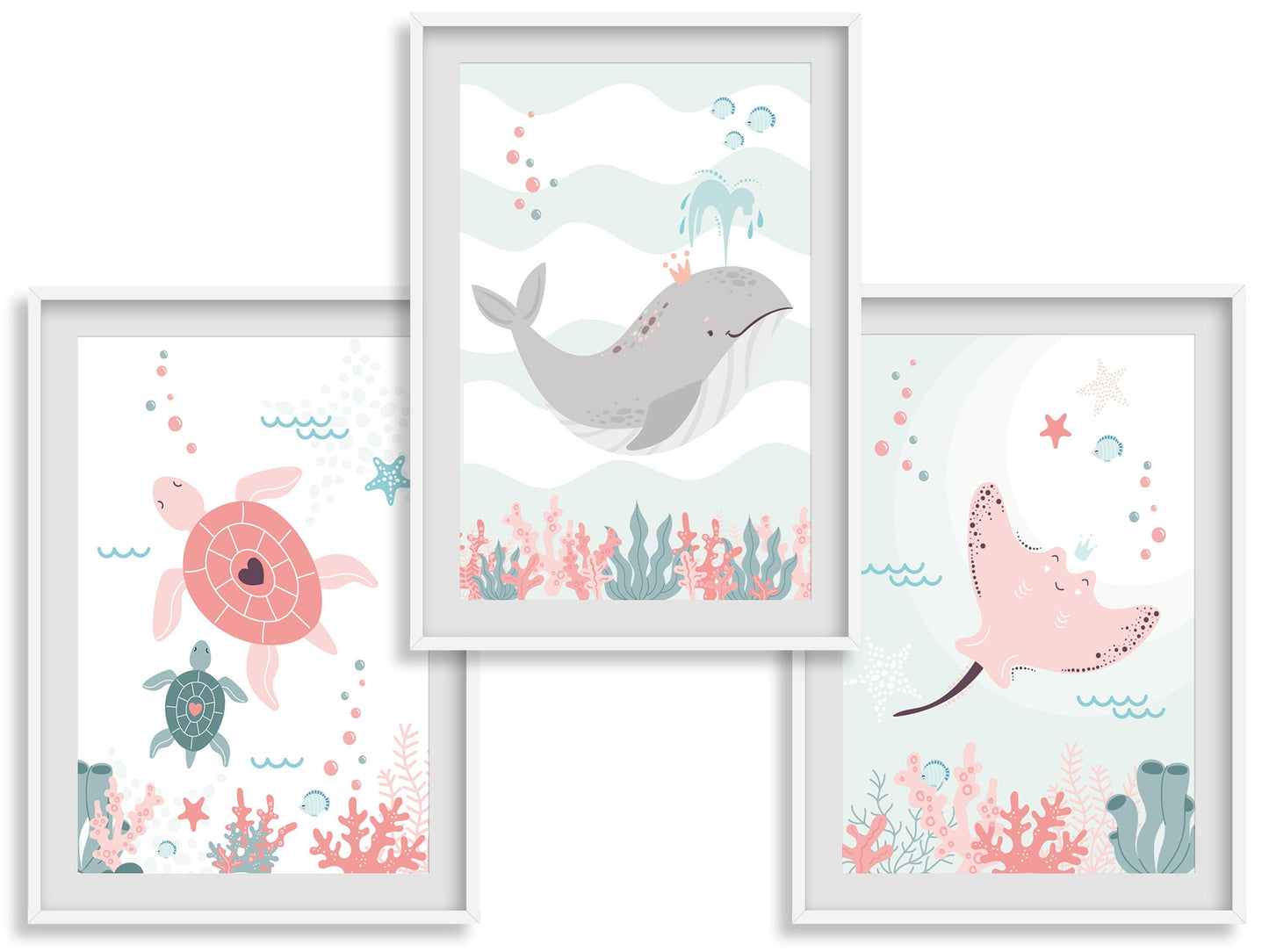 Baleine raie tortue ocean coquillage - chambre enfant bébé - 3 affiches Decoration - idee cadeau anniversaire naissance - mer - bb ocean - Imagine.affiche