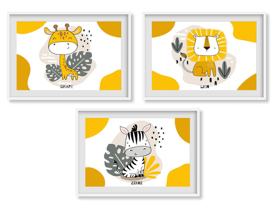 Affiche Lion Zèbre Girafe jaune - Poster bebe enfant - Déco chambre jungle safari - affiche animaux - illustration enfant - naissance A4 A3 - Imagine.affiche