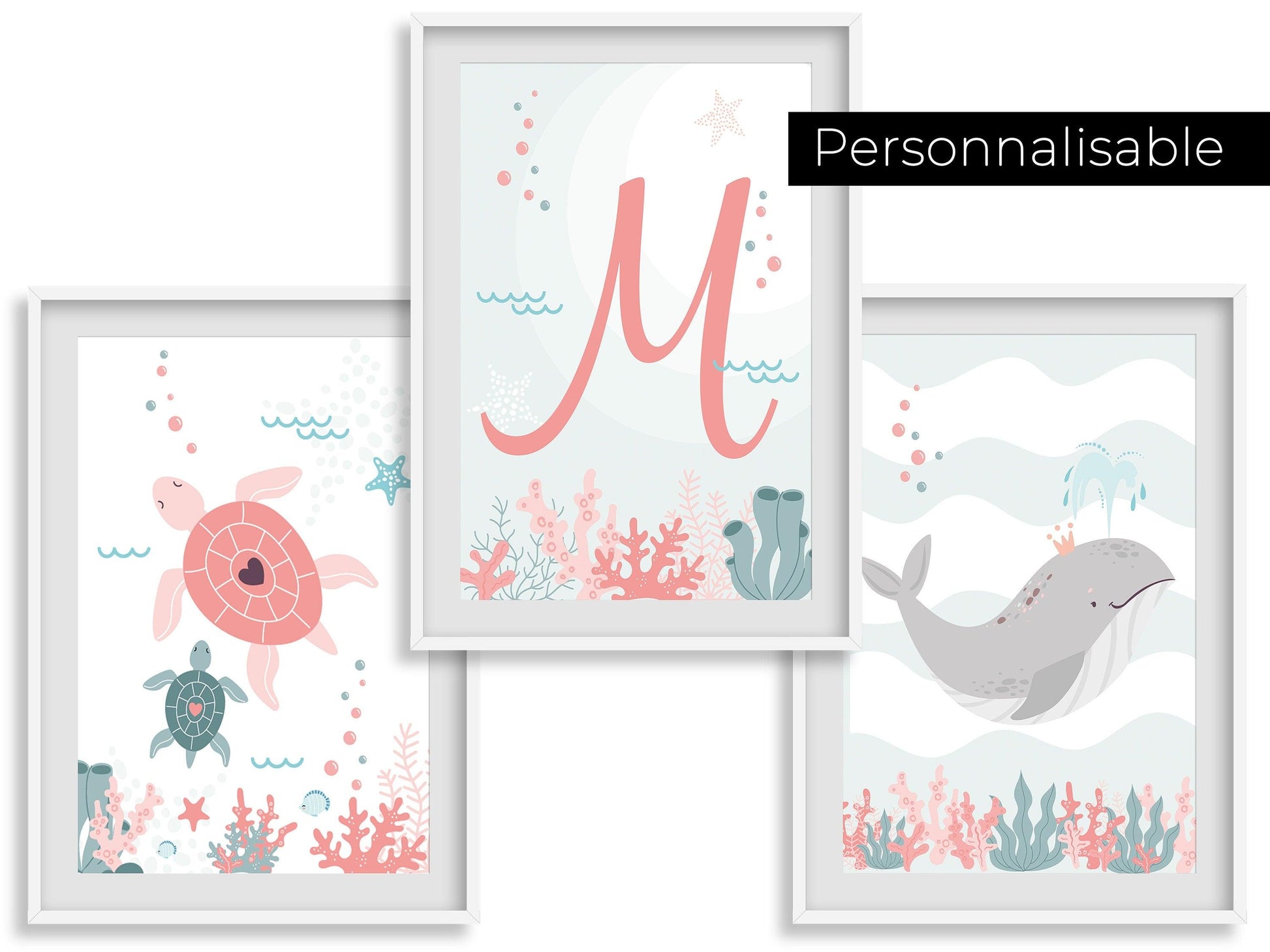 Baleine tortue  et lettre de prénom ocean - chambre enfant bébé - 3 affiches personnalisées Decoration - idee cadeau anniversaire naissance - Imagine.affiche