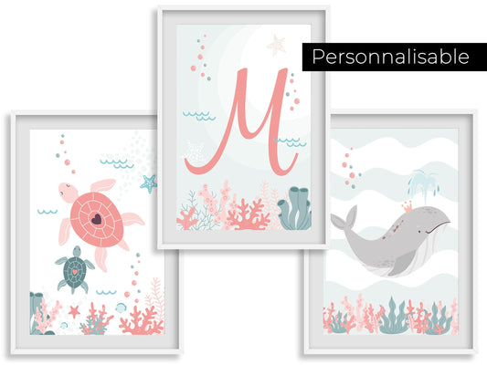 Baleine tortue  et lettre de prénom ocean - chambre enfant bébé - 3 affiches personnalisées Decoration - idee cadeau anniversaire naissance - Imagine.affiche
