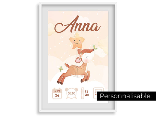 Affiche de naissance personnalisée "Biche"/Affiche bébé souvenir /Prénom, poids, taille et heure - Imagine.affiche