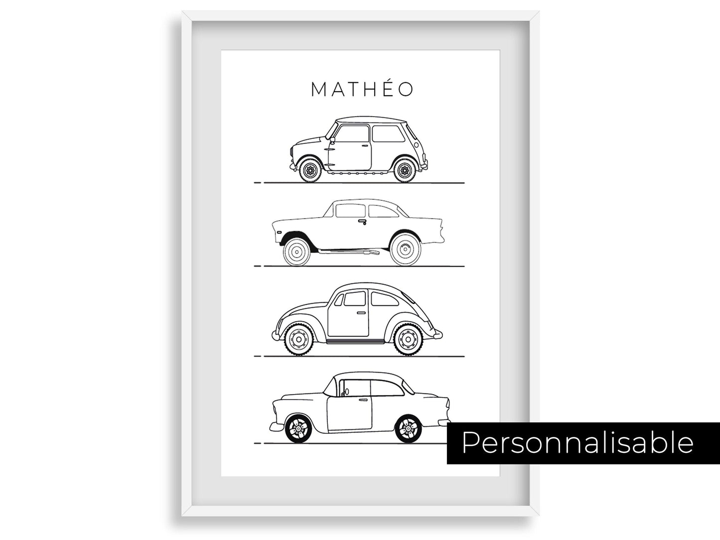 Affiche prénom voitures véhicules line art - déco chambre enfant salon - mini cooper mode - style moderne - poster homme garçon - impression - Imagine.affiche