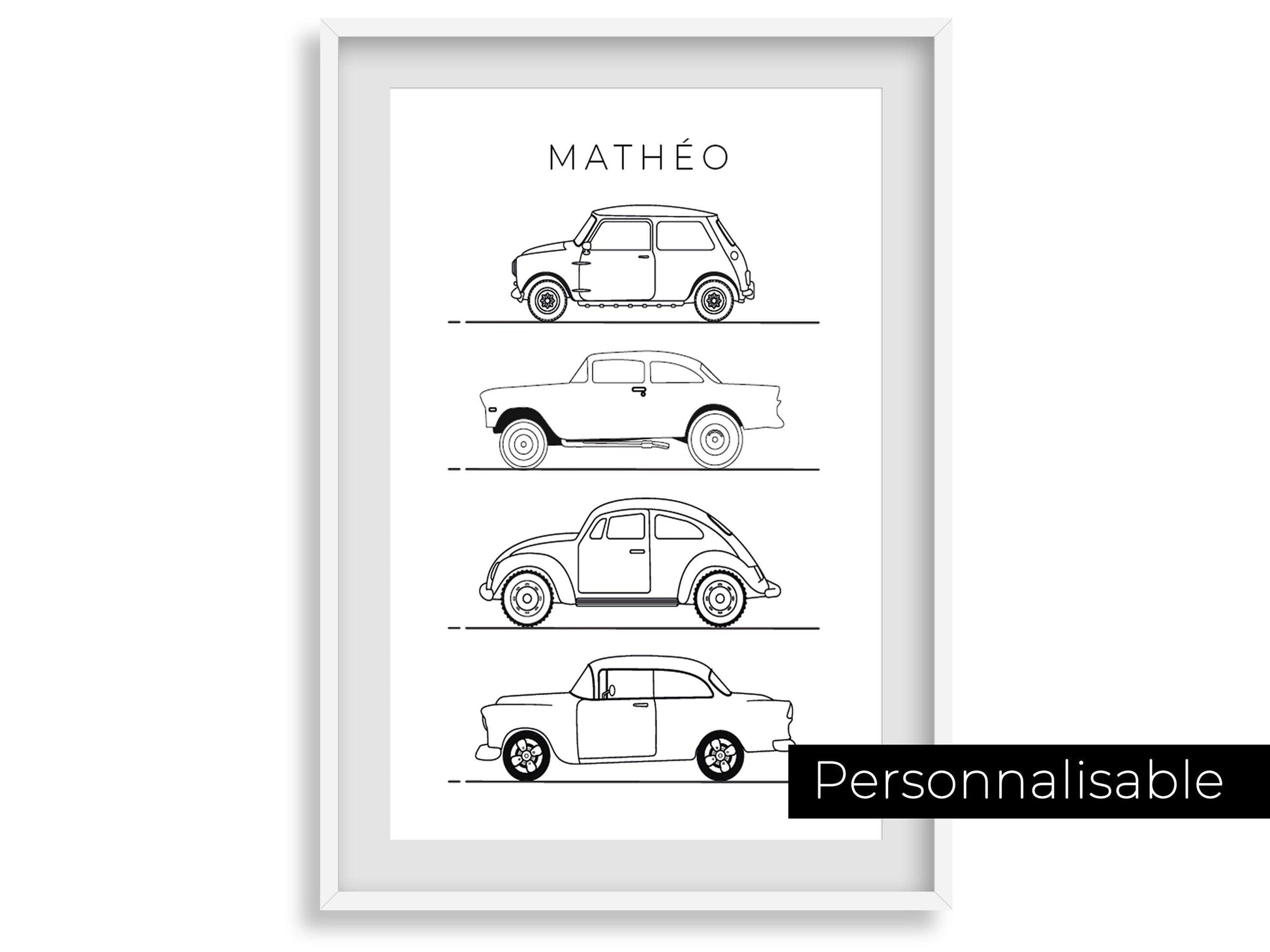 Affiche prénom voitures véhicules line art - déco chambre enfant salon - mini cooper mode - style moderne - poster homme garçon - impression - Imagine.affiche