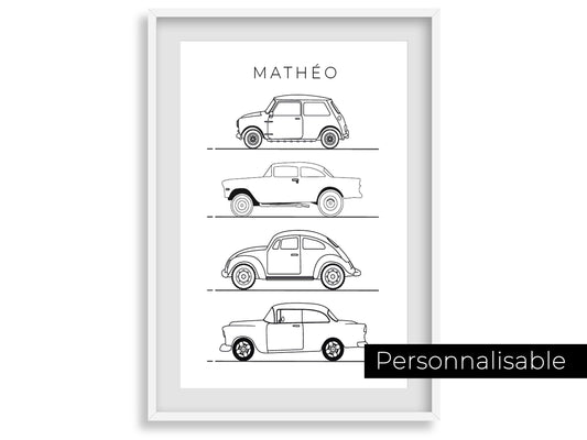 Affiche prénom voitures véhicules line art - déco chambre enfant salon - mini cooper mode - style moderne - poster homme garçon - impression - Imagine.affiche