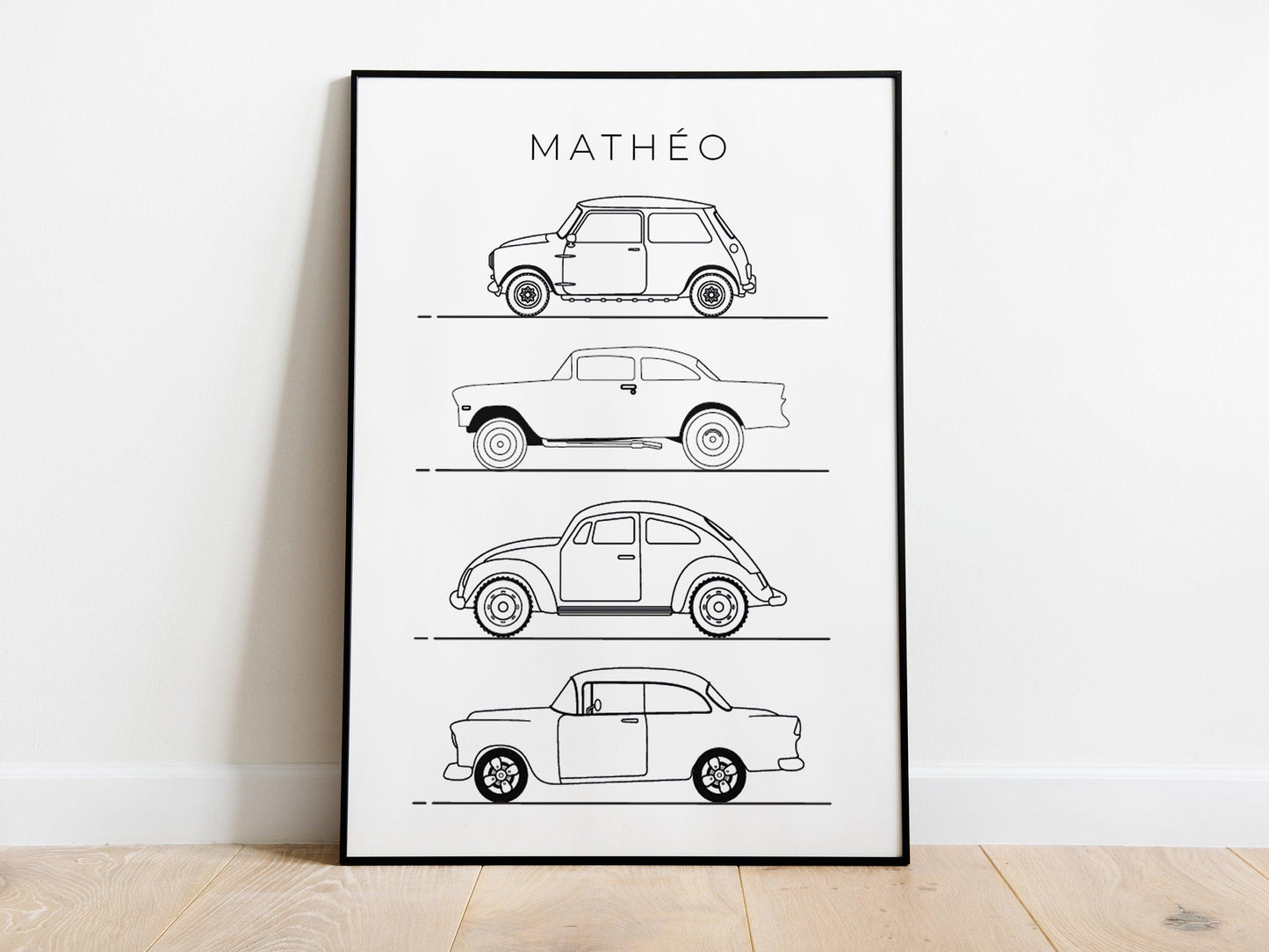 Affiche prénom voitures véhicules line art - déco chambre enfant salon - mini cooper mode - style moderne - poster homme garçon - impression - Imagine.affiche