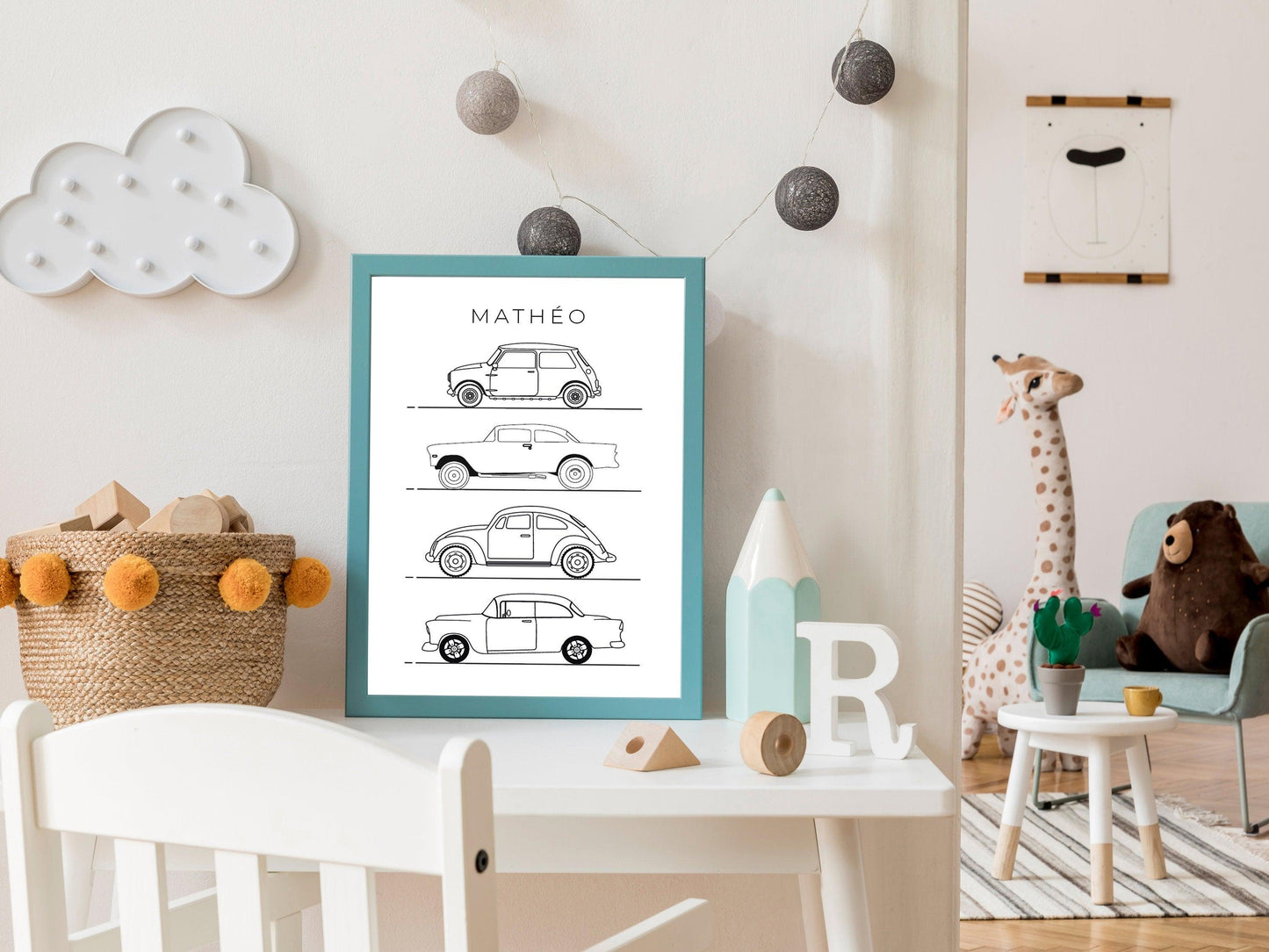 Affiche prénom voitures véhicules line art - déco chambre enfant salon - mini cooper mode - style moderne - poster homme garçon - impression - Imagine.affiche