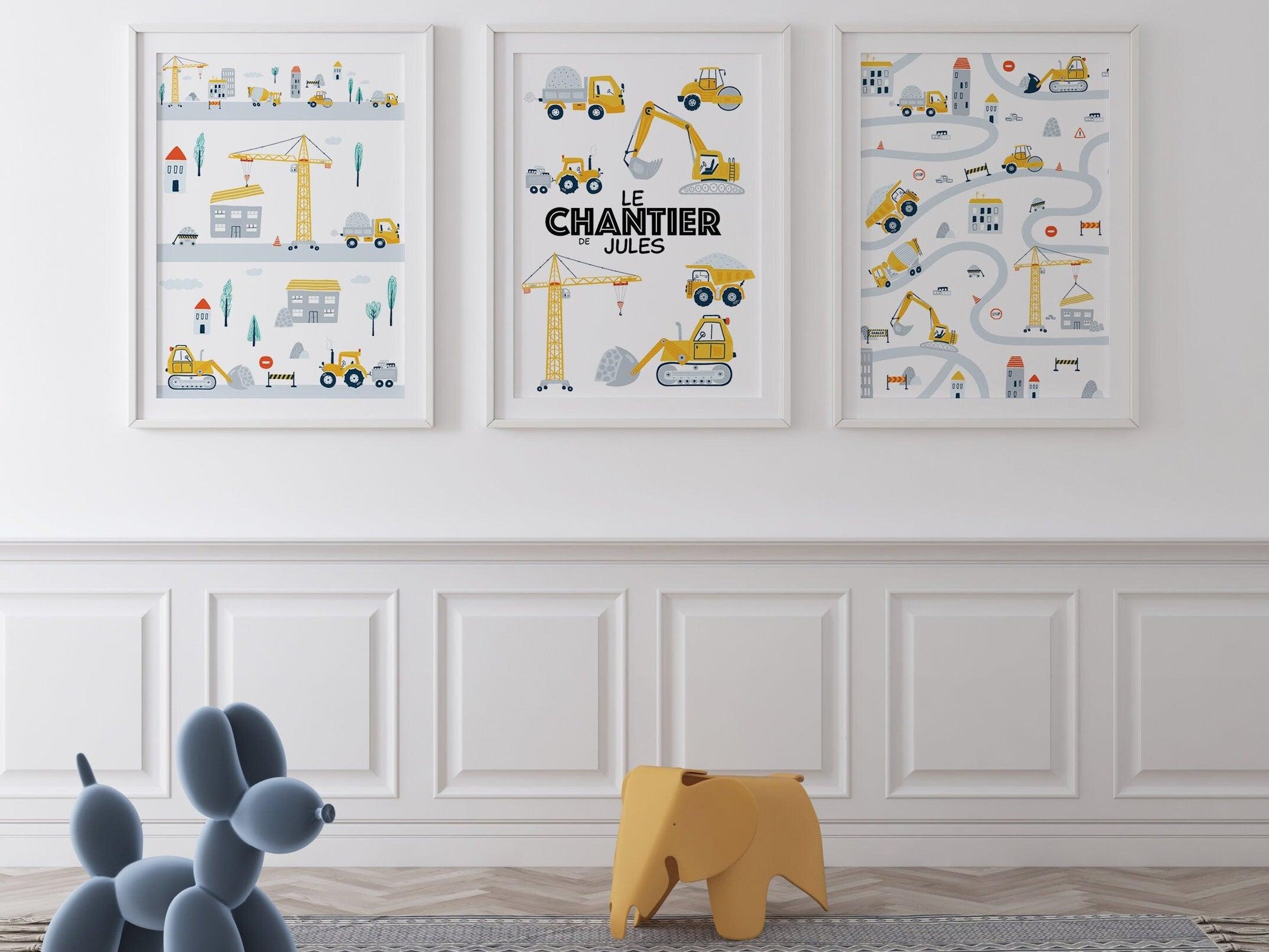 Lot affiches "Le Chantier de ... (prénom de l'enfant)" avec camion pelleteuse pour chambre d'enfant à personnaliser - Imagine.affiche