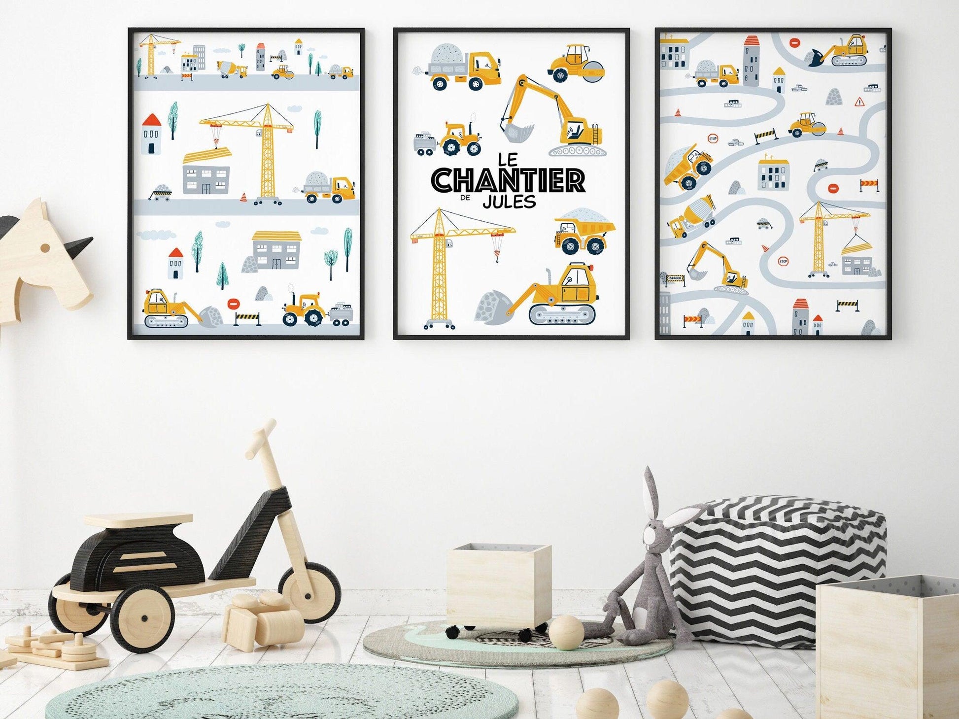 Lot affiches "Le Chantier de ... (prénom de l'enfant)" avec camion pelleteuse pour chambre d'enfant à personnaliser - Imagine.affiche