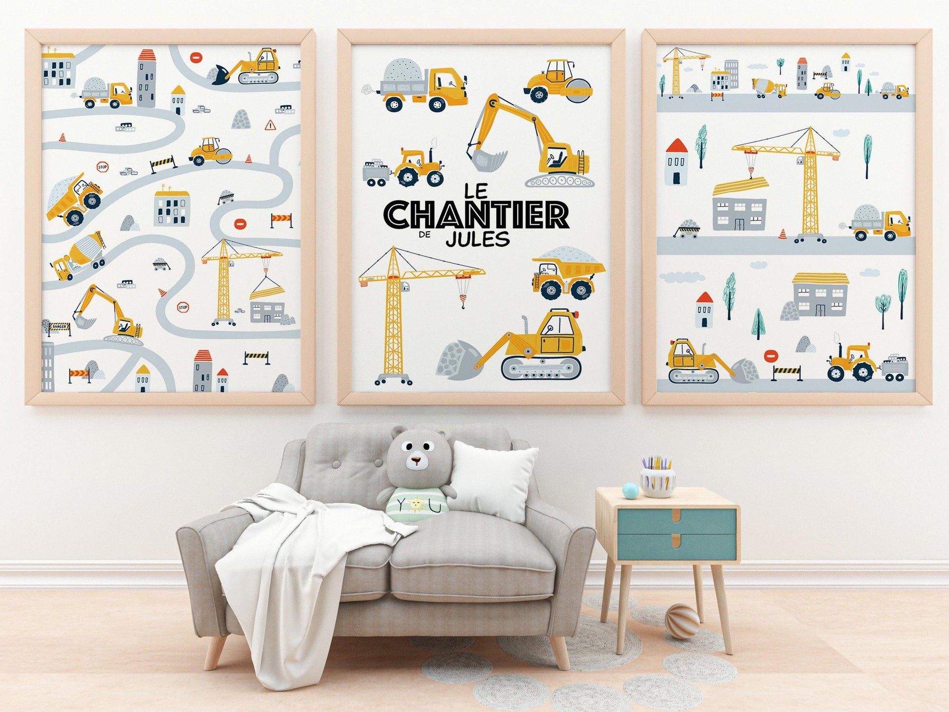 Lot affiches "Le Chantier de ... (prénom de l'enfant)" avec camion pelleteuse pour chambre d'enfant à personnaliser - Imagine.affiche