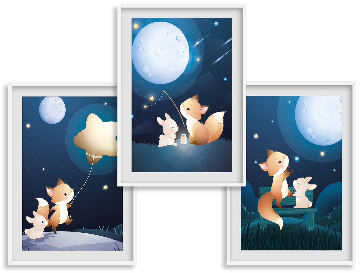 Affiches Renard et Lapin rêve illustration - chambre enfant bébé - Décoration enfant - Idée cadeau - Thème animaux - format A4 ou A3 - Imagine.affiche