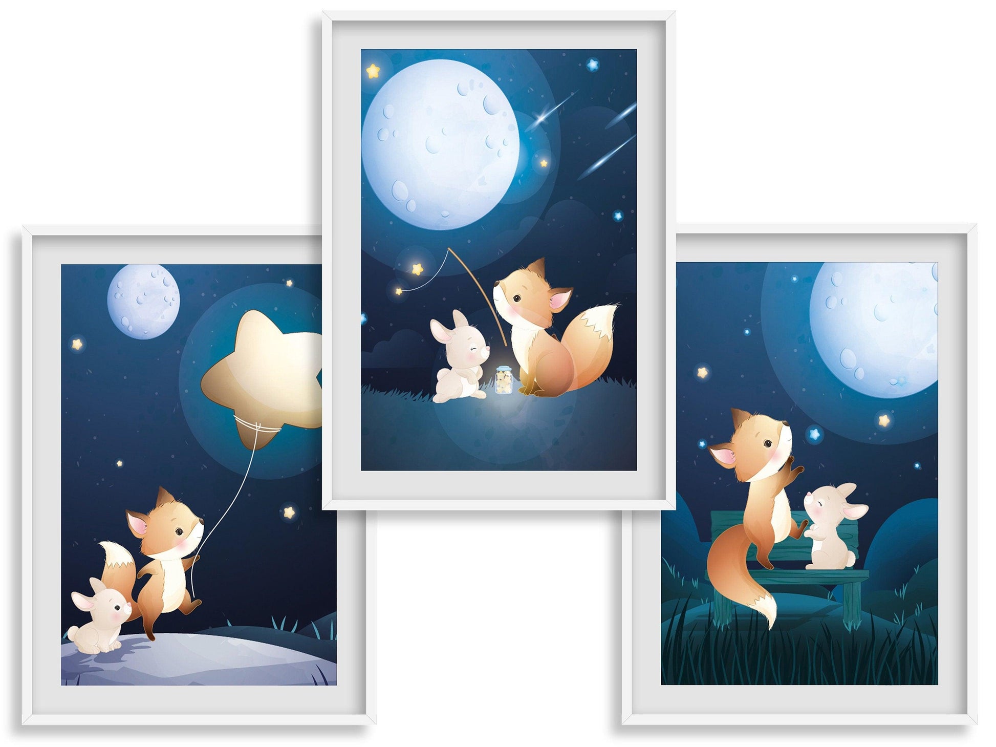 Affiches Renard et Lapin rêve illustration - chambre enfant bébé - Décoration enfant - Idée cadeau - Thème animaux - format A4 ou A3 - Imagine.affiche