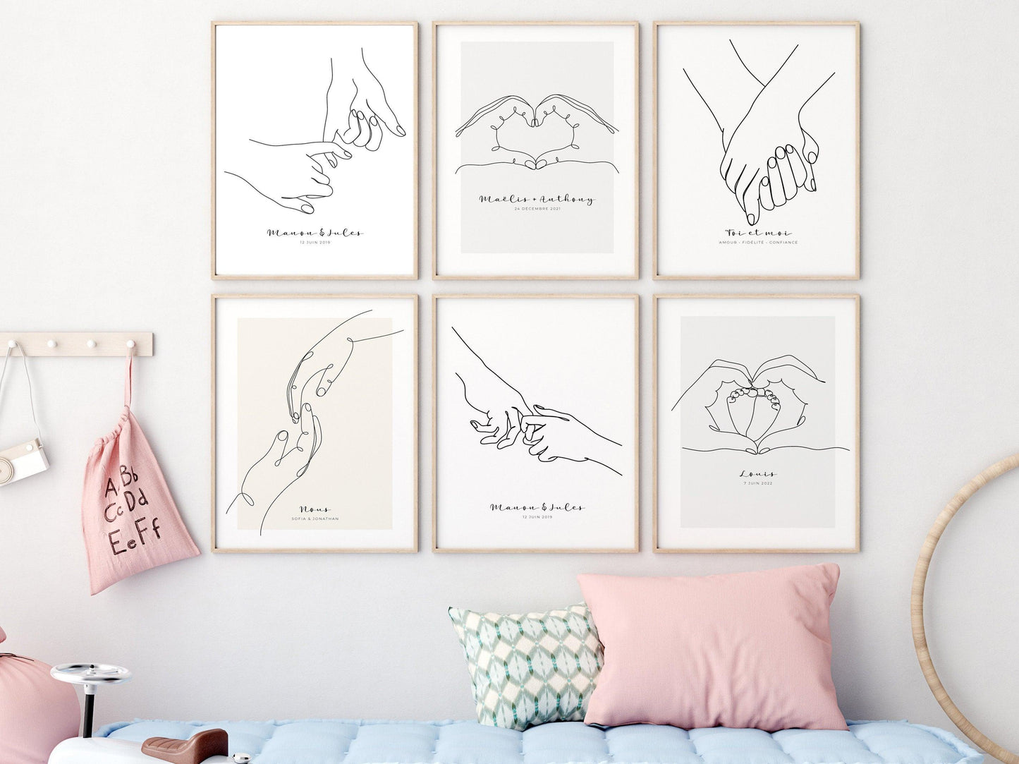 Affiche main coeur pieds bébé personnalisable - Line art parents bébé - Décoration salon moderne design - Fête des mère - Cadeau naissance - Imagine.affiche