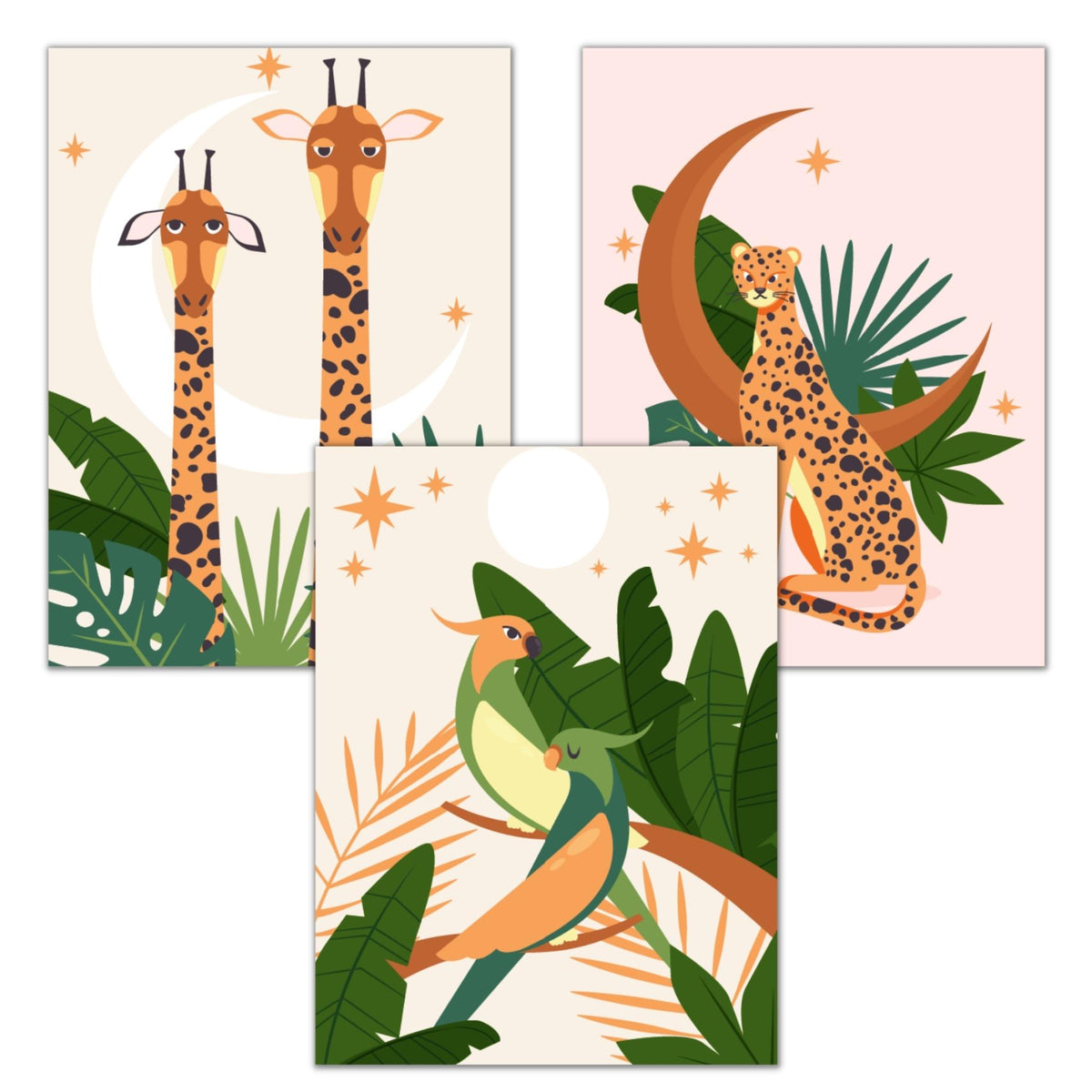 Affiche Léopard Éléphant Oiseau - A4 A3 - Décoration jungle savane - Posters design illustration safari - Deco salon chambre Affiche enfant - Imagine.affiche