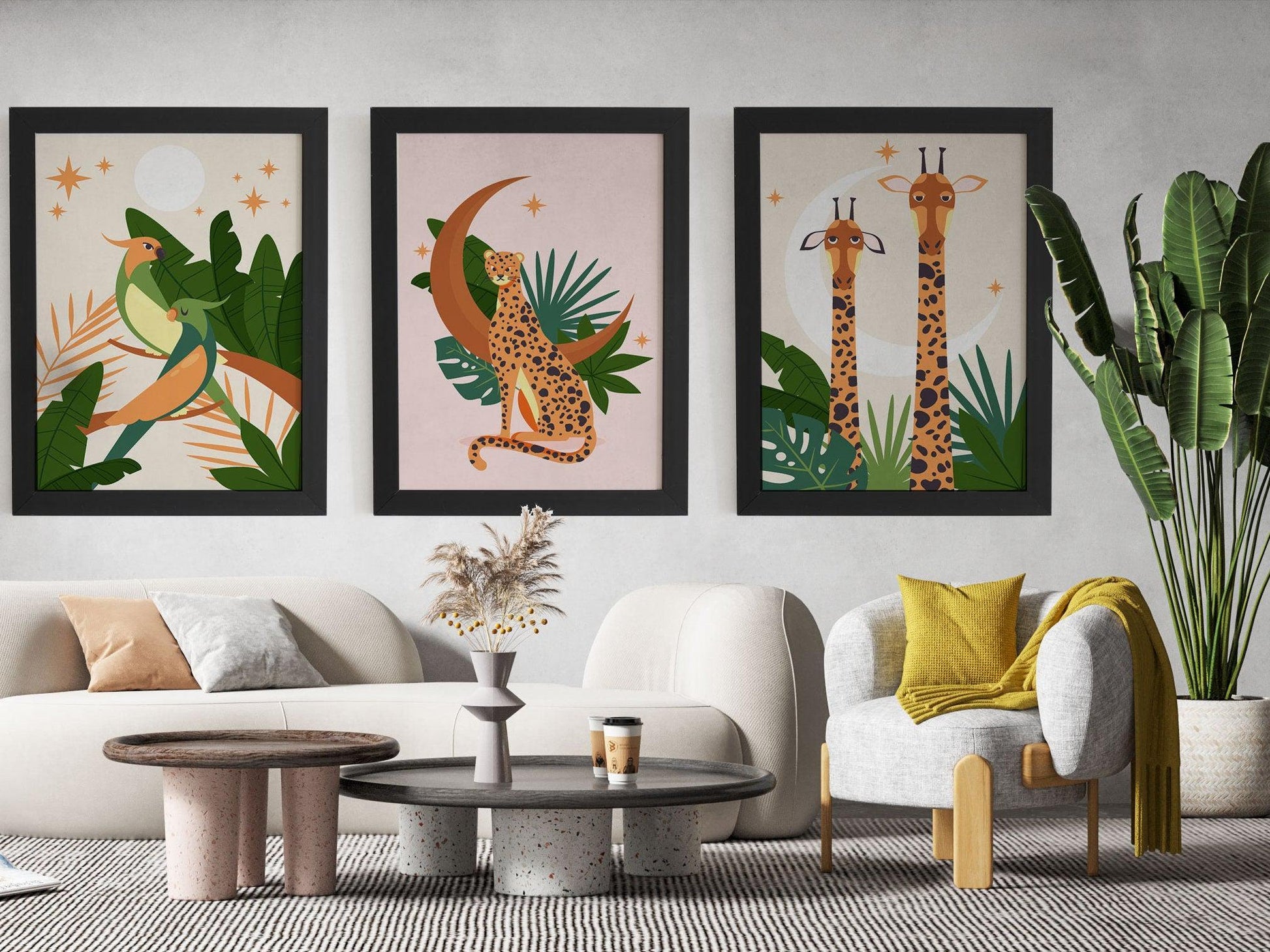 Affiche Léopard Éléphant Oiseau - A4 A3 - Décoration jungle savane - Posters design illustration safari - Deco salon chambre Affiche enfant - Imagine.affiche