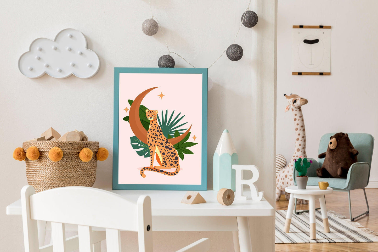 Affiche Léopard Éléphant Oiseau - A4 A3 - Décoration jungle savane - Posters design illustration safari - Deco salon chambre Affiche enfant - Imagine.affiche