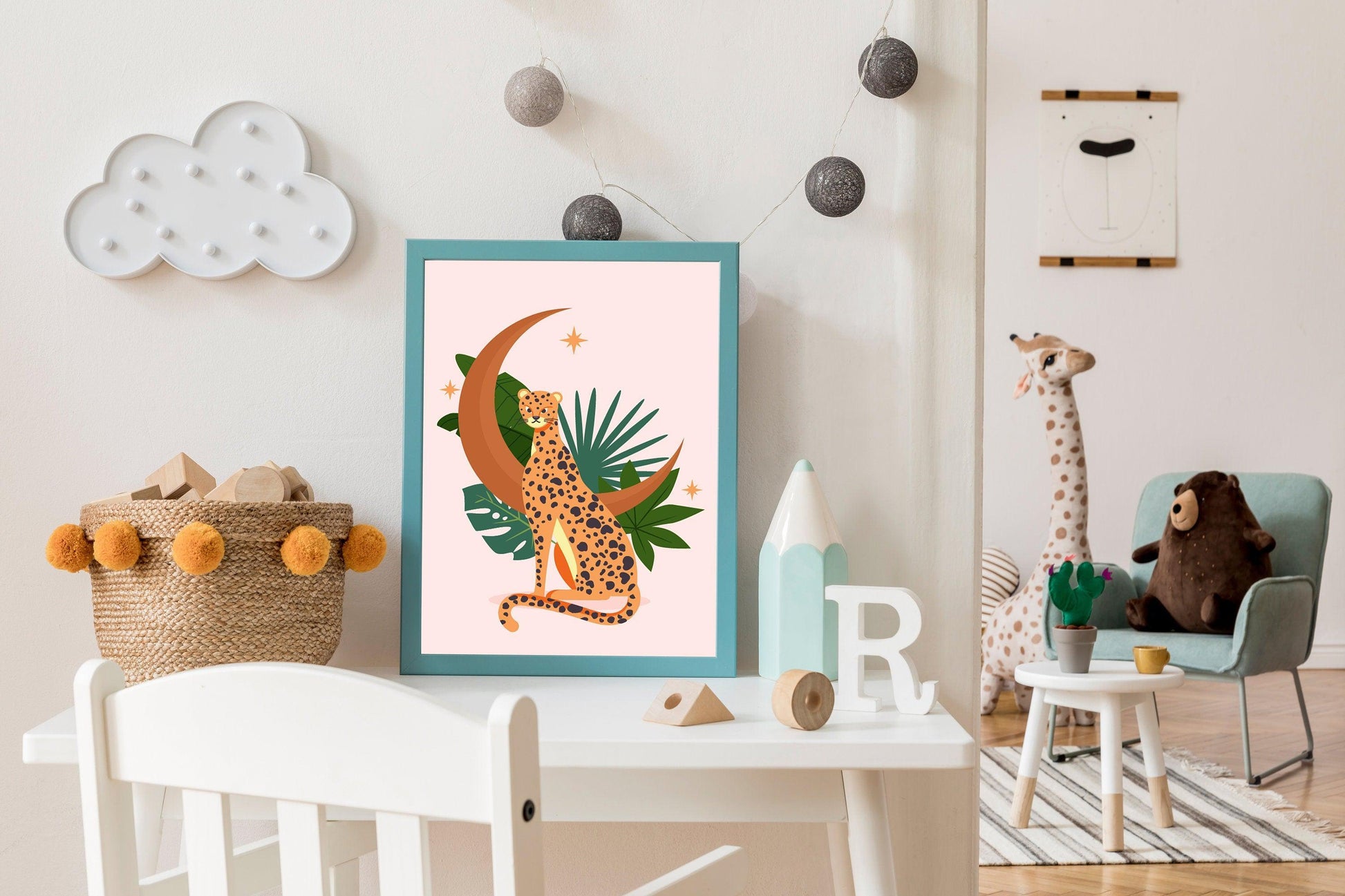Affiche Léopard Éléphant Oiseau - A4 A3 - Décoration jungle savane - Posters design illustration safari - Deco salon chambre Affiche enfant - Imagine.affiche