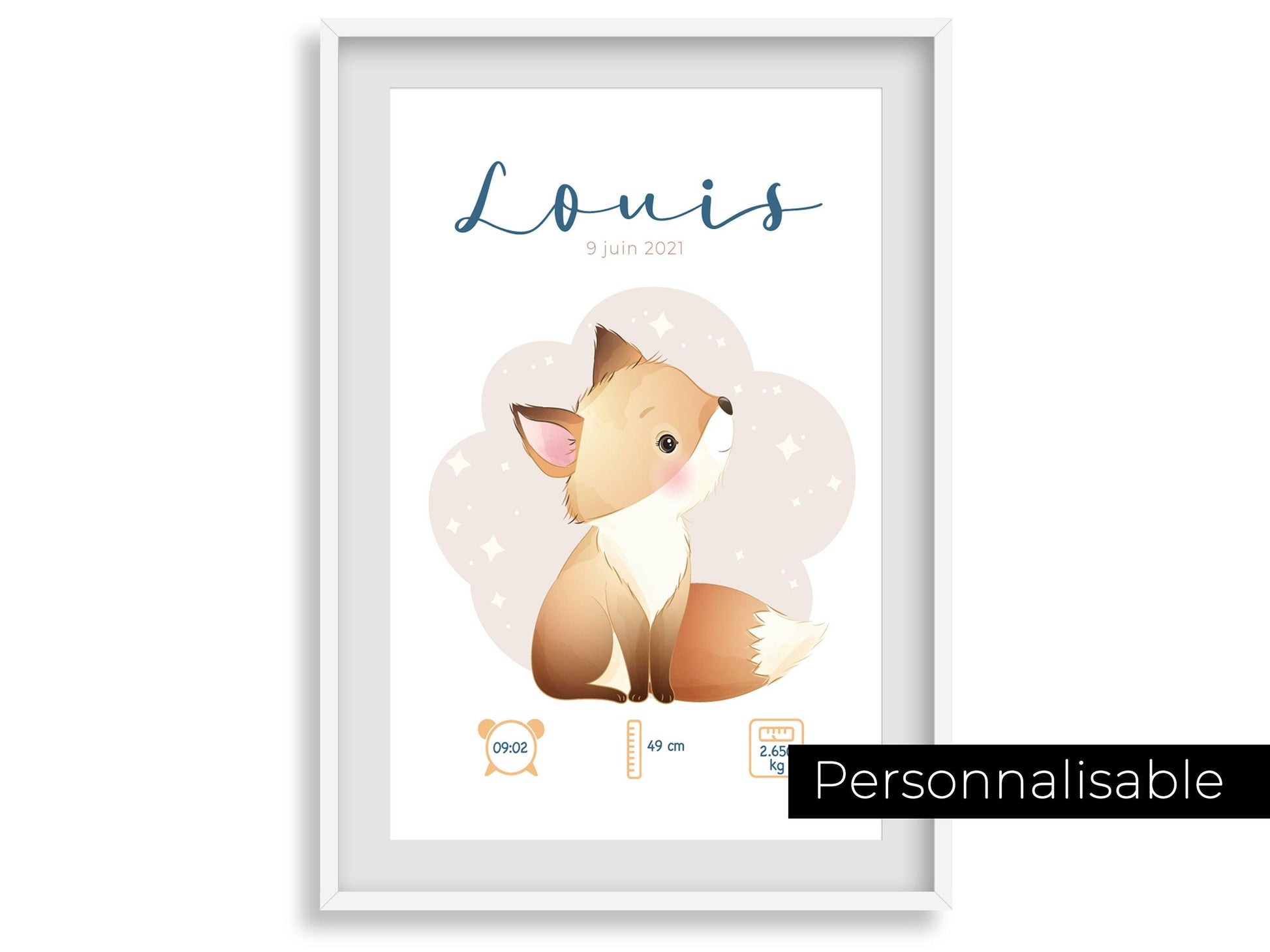 Affiche de naissance personnalisée "Renard" - Affiche bébé souvenir - Prénom, poids, taille et heure - Cadeau naissance anniversaire bebe - Imagine.affiche