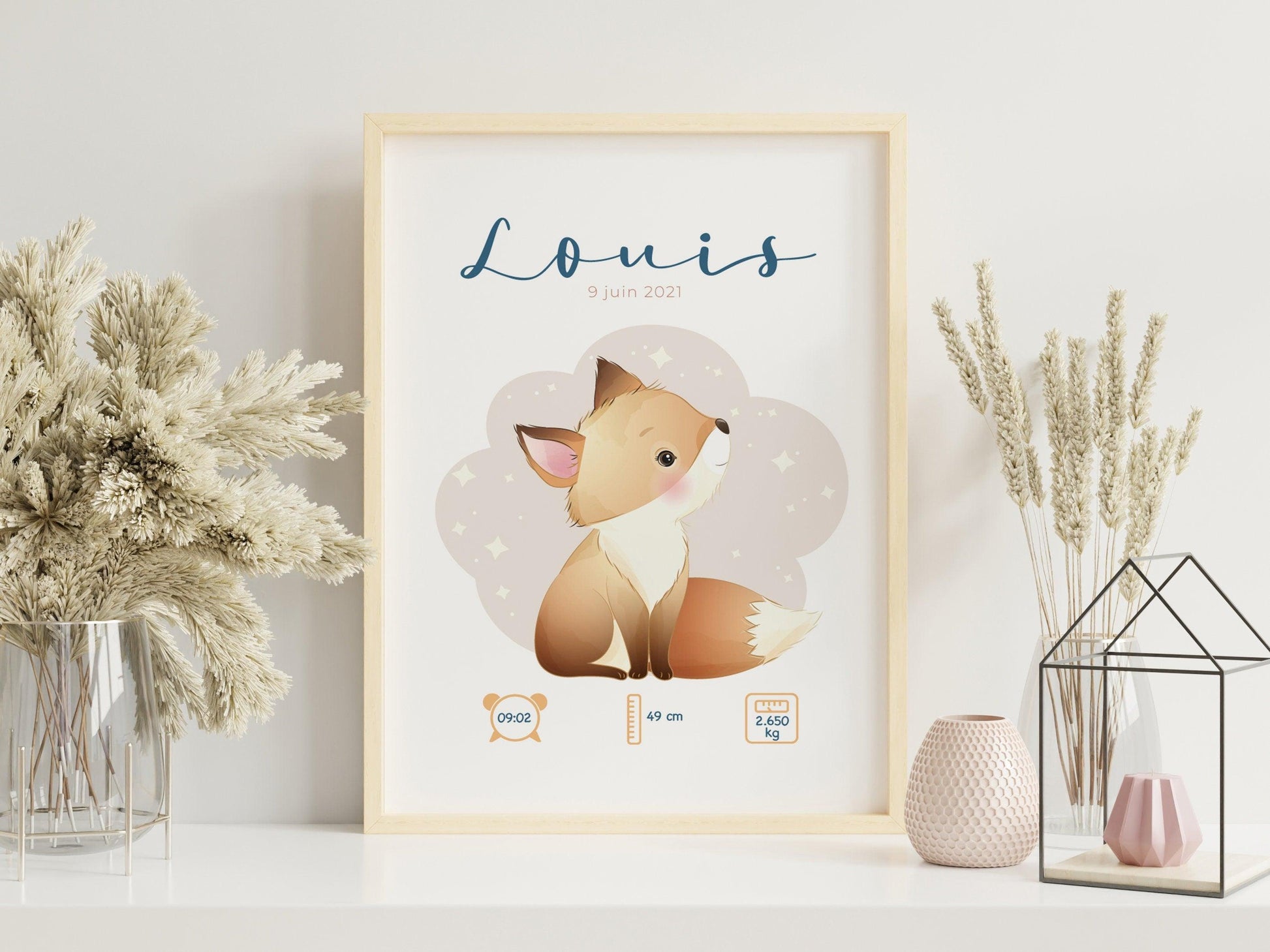 Affiche de naissance personnalisée "Renard" - Affiche bébé souvenir - Prénom, poids, taille et heure - Cadeau naissance anniversaire bebe - Imagine.affiche