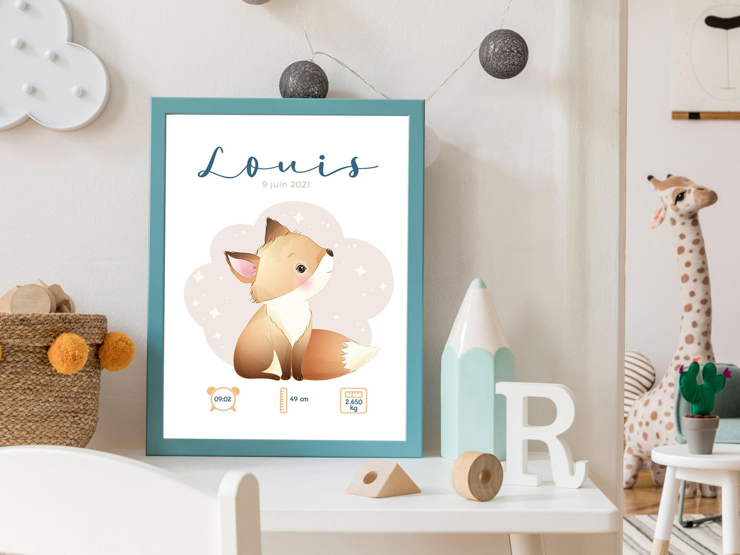 Affiche de naissance personnalisée "Renard" - Affiche bébé souvenir - Prénom, poids, taille et heure - Cadeau naissance anniversaire bebe - Imagine.affiche