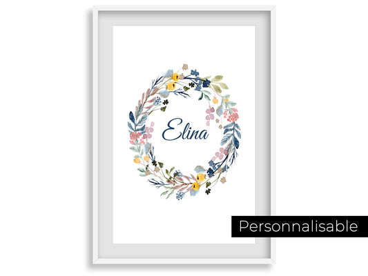 Affiche prénom personnalisable fleurie couronne - naissance anniversaire - fille bébé enfant - décoration poster mural - chambre salon - Imagine.affiche