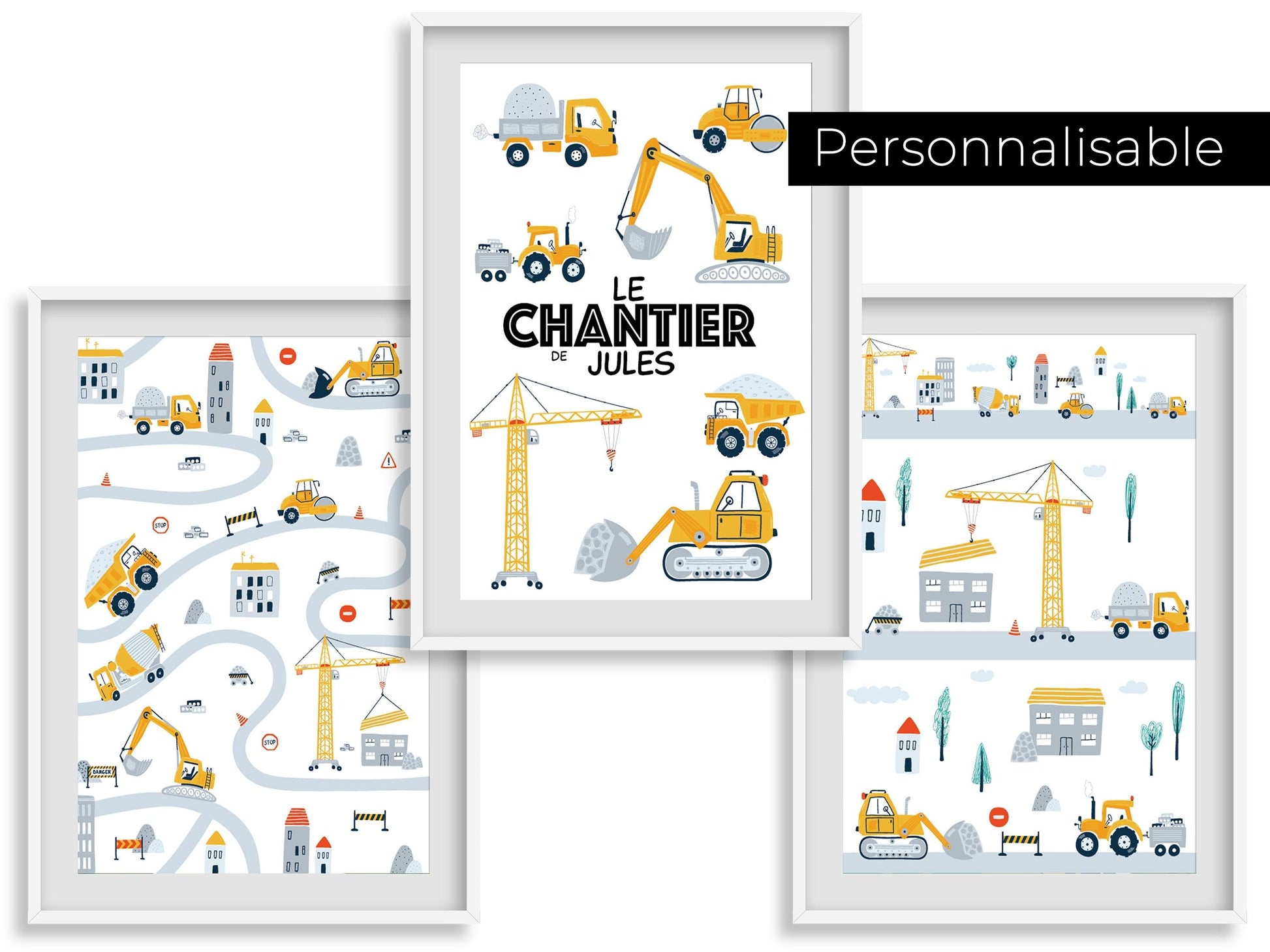 Lot affiches "Le Chantier de ... (prénom de l'enfant)" avec camion pelleteuse pour chambre d'enfant à personnaliser - Imagine.affiche