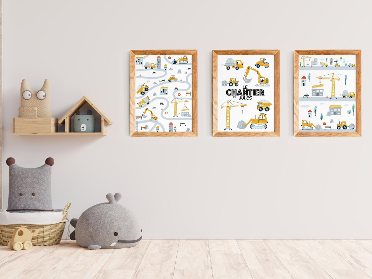 Lot affiches "Le Chantier de ... (prénom de l'enfant)" avec camion pelleteuse pour chambre d'enfant à personnaliser - Imagine.affiche