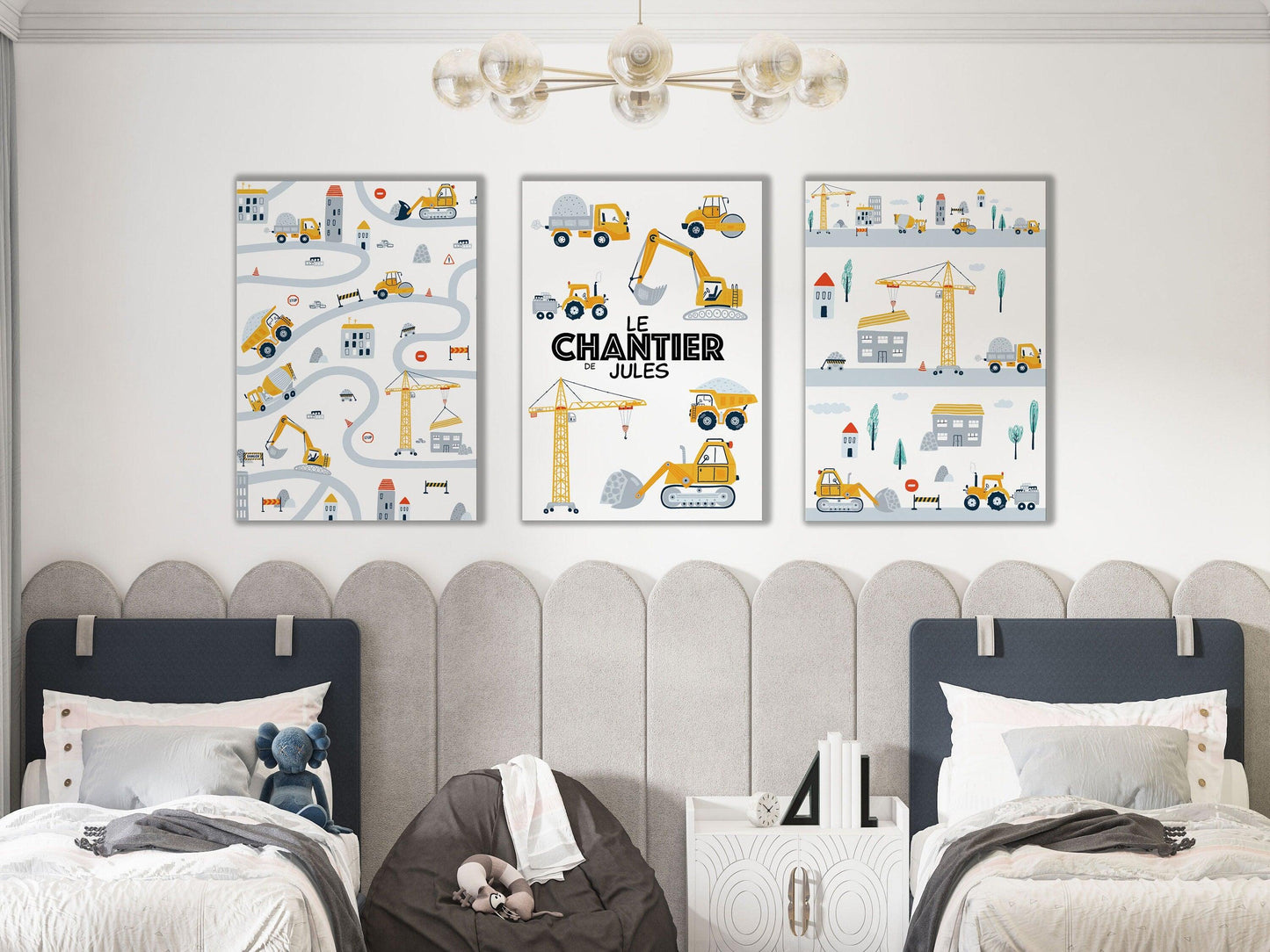 Lot affiches "Le Chantier de ... (prénom de l'enfant)" avec camion pelleteuse pour chambre d'enfant à personnaliser - Imagine.affiche