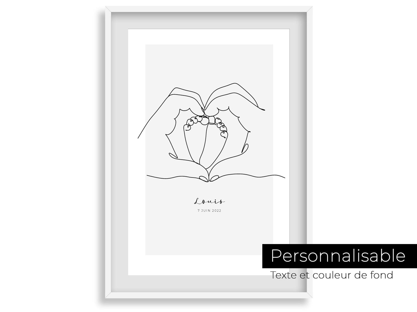 Affiche main coeur pieds bébé personnalisable - Line art parents bébé - Décoration salon moderne design - Fête des mère - Cadeau naissance - Imagine.affiche