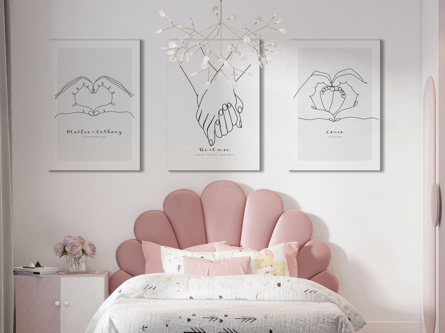 Affiche main coeur pieds bébé personnalisable - Line art parents bébé - Décoration salon moderne design - Fête des mère - Cadeau naissance - Imagine.affiche