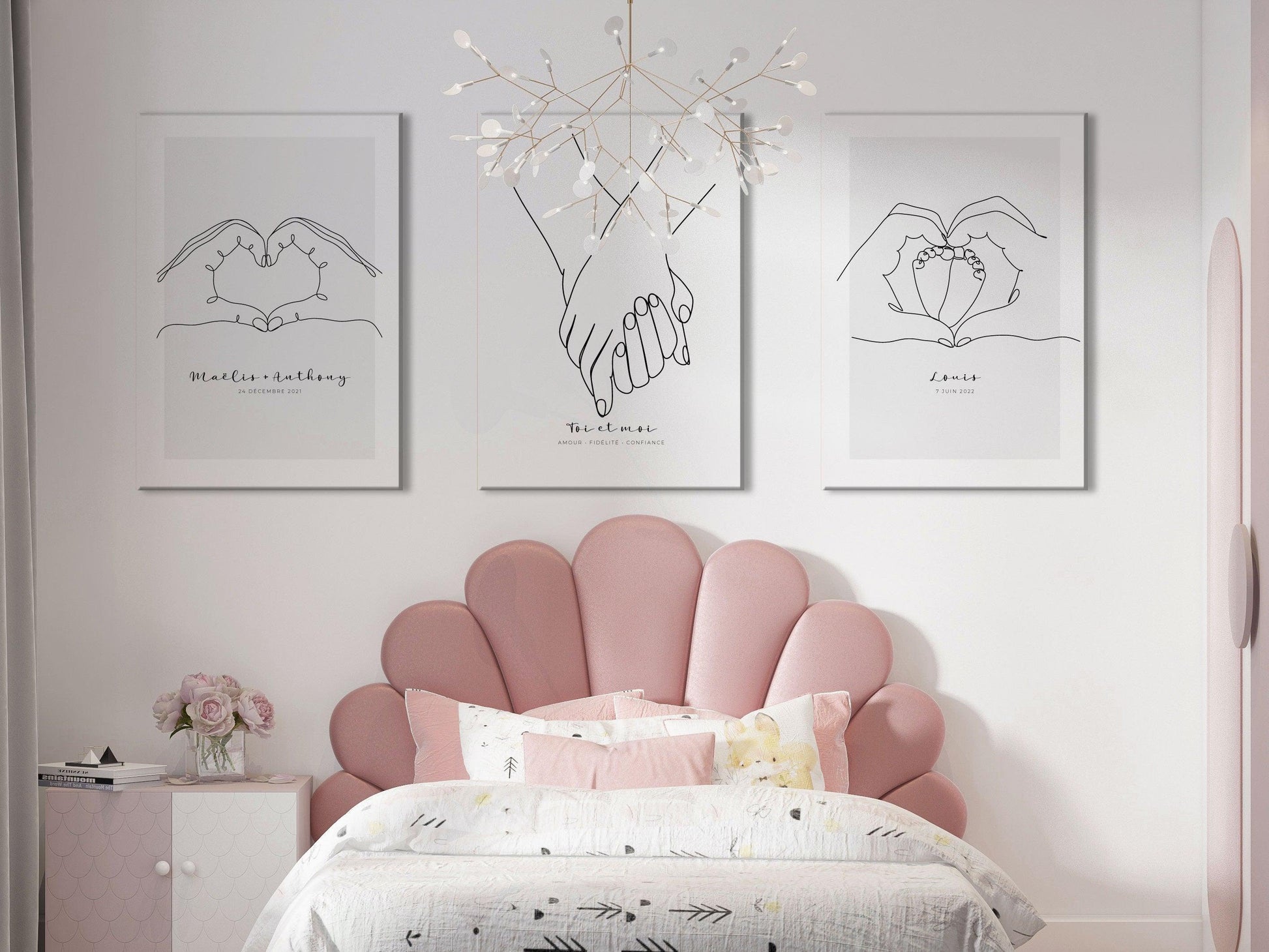 Affiche main coeur pieds bébé personnalisable - Line art parents bébé - Décoration salon moderne design - Fête des mère - Cadeau naissance - Imagine.affiche