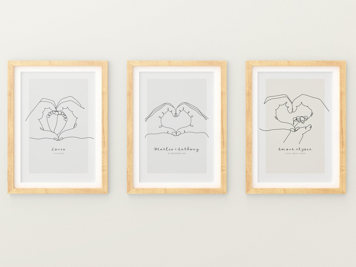 Affiche main coeur pieds bébé personnalisable - Line art parents bébé - Décoration salon moderne design - Fête des mère - Cadeau naissance - Imagine.affiche