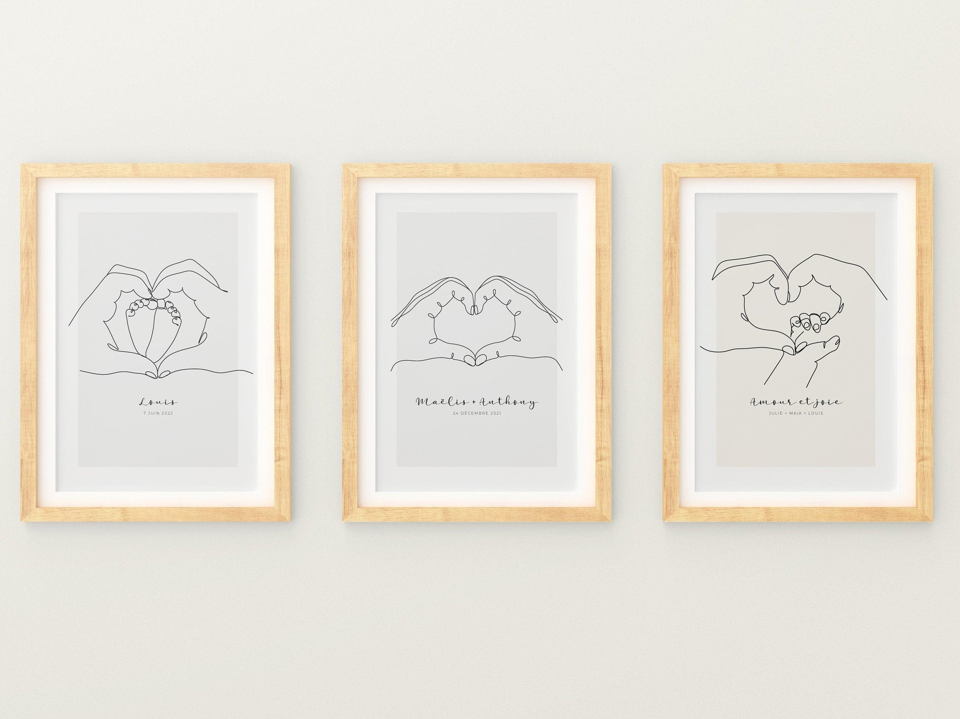 Affiche main coeur pieds bébé personnalisable - Line art parents bébé - Décoration salon moderne design - Fête des mère - Cadeau naissance - Imagine.affiche