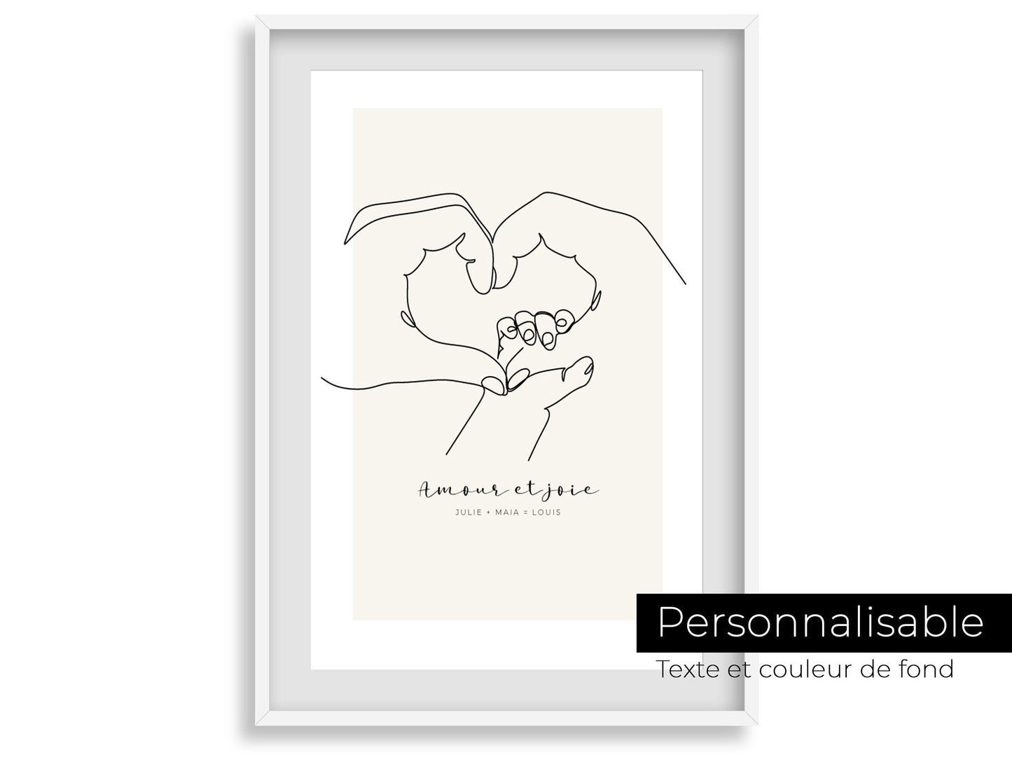 Affiche main coeur parent bébé personnalisable - Line art parents bébé - Décoration salon moderne design - Fête des mère - Cadeau naissance - Imagine.affiche